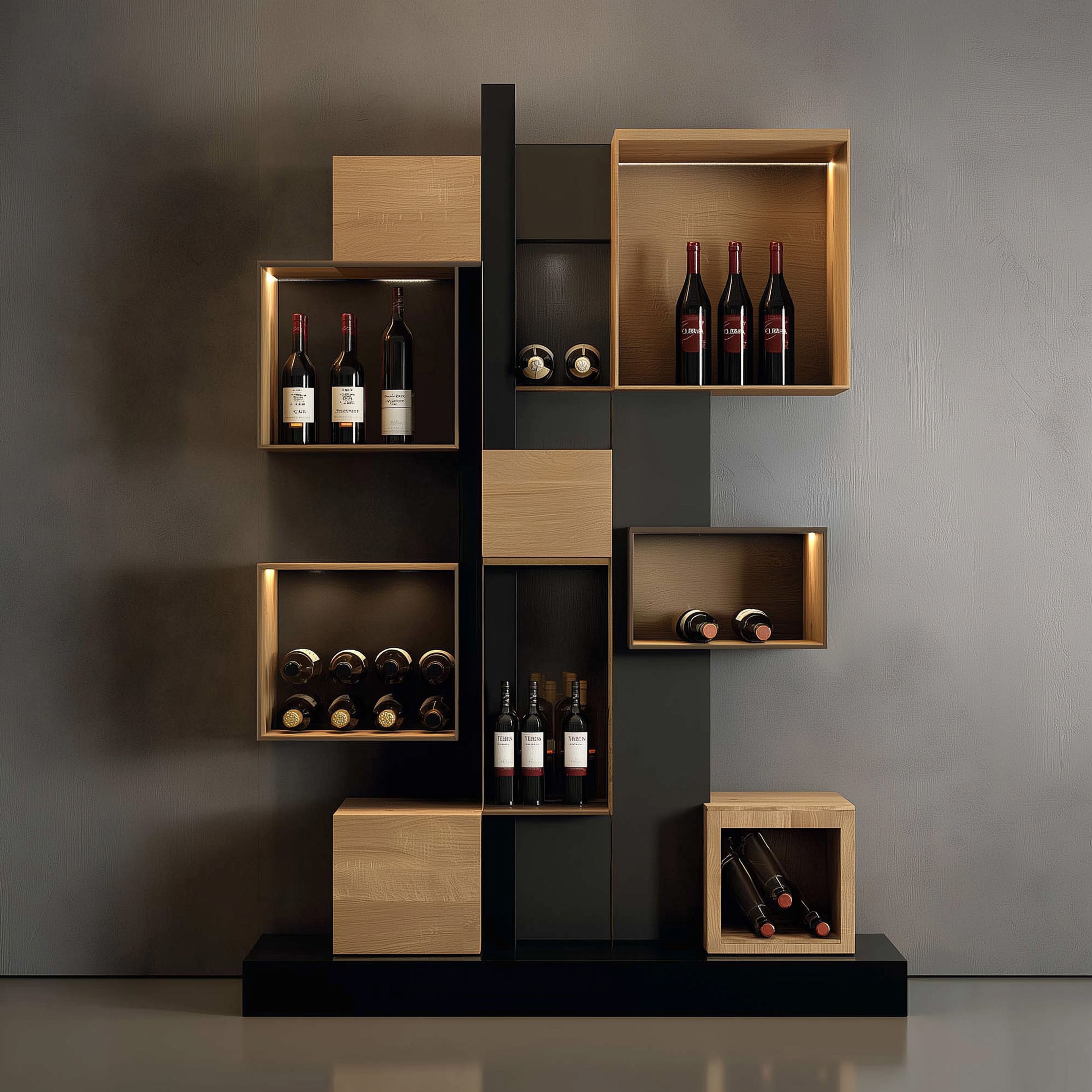 Contemporary Oak and Grey Home Bar Design with LED Bottle Display