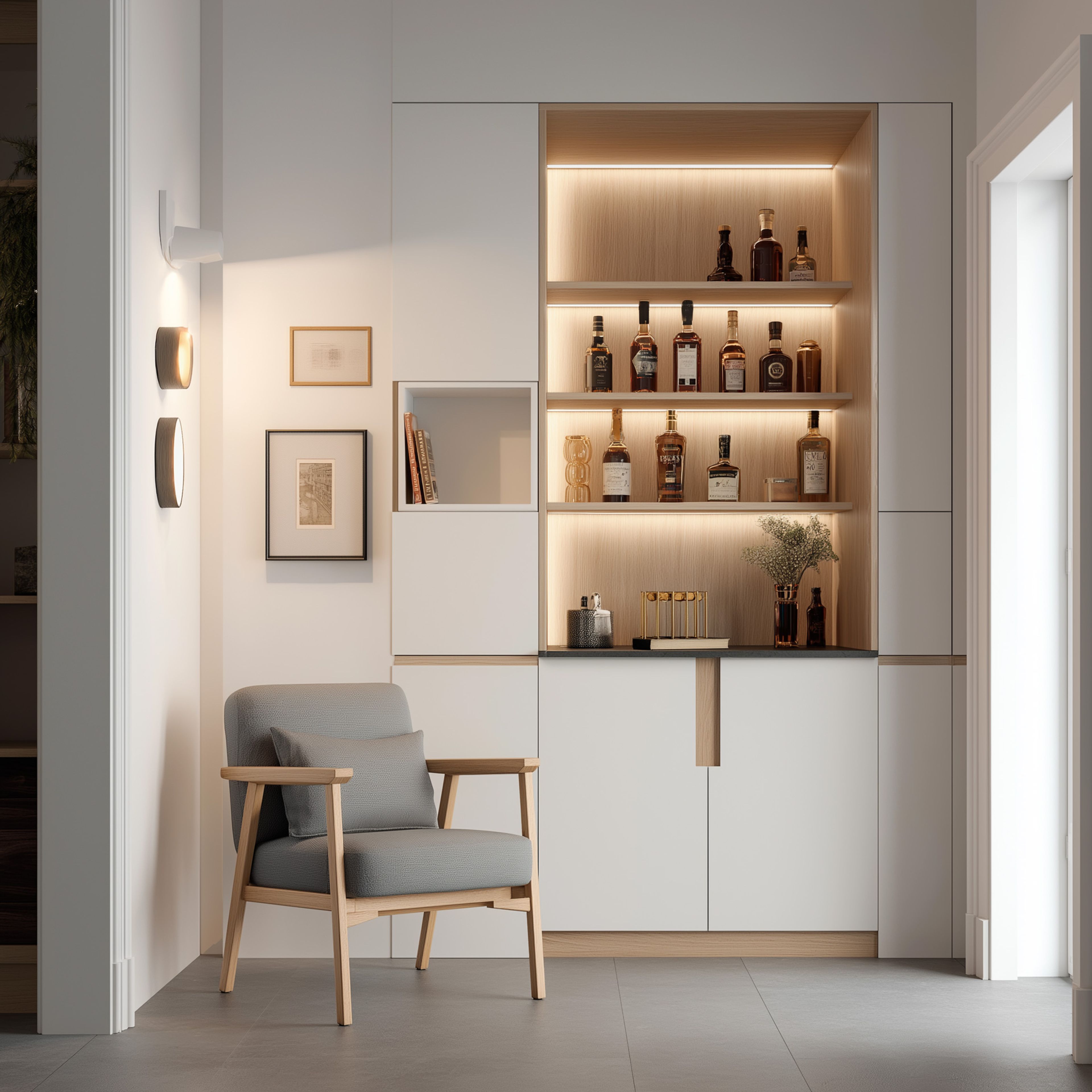 Minimal Light Oak and White Home Bar Design with Illuminated Shelving