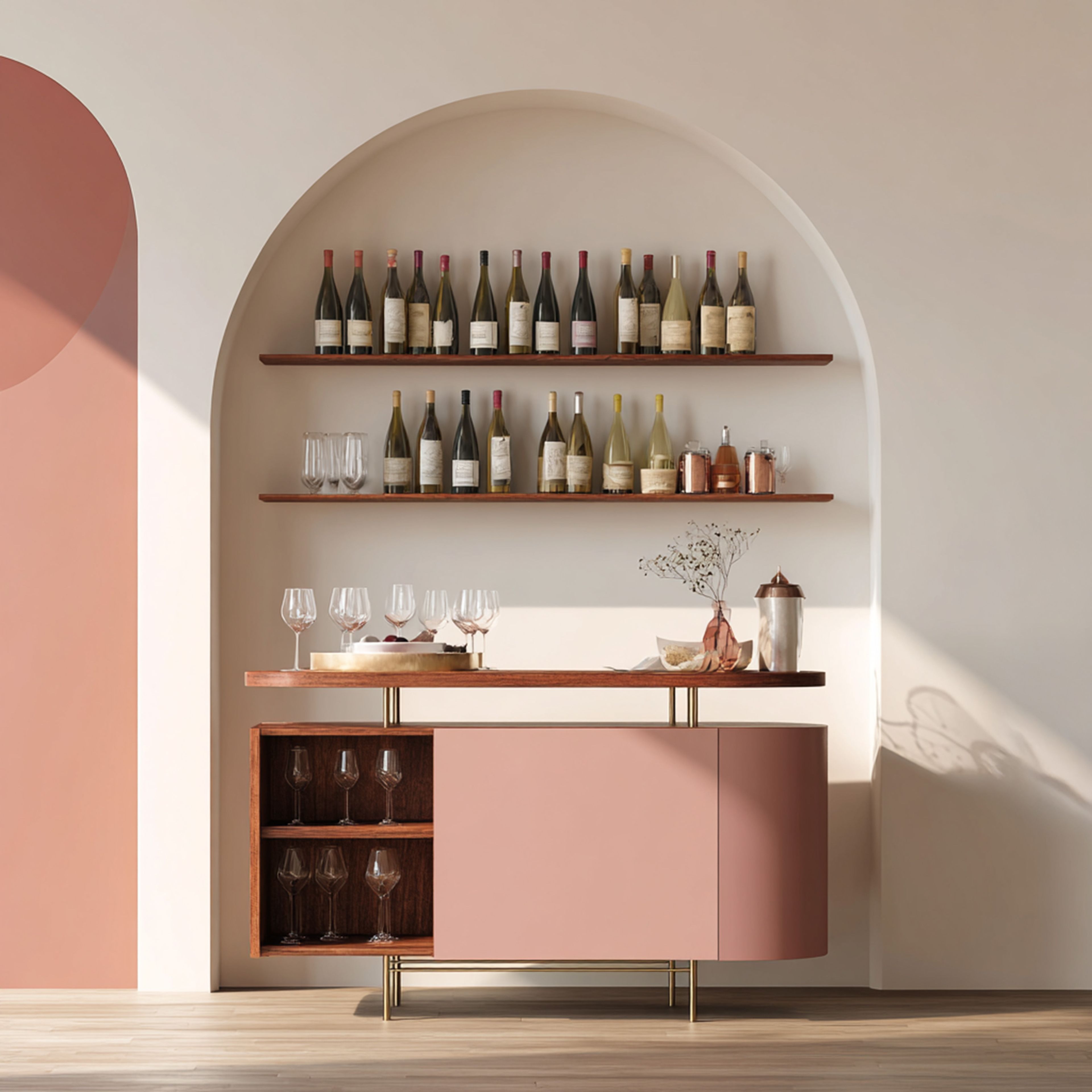 Blush Pink and Wood Contemporary Home Bar Design with Walnut Shelves