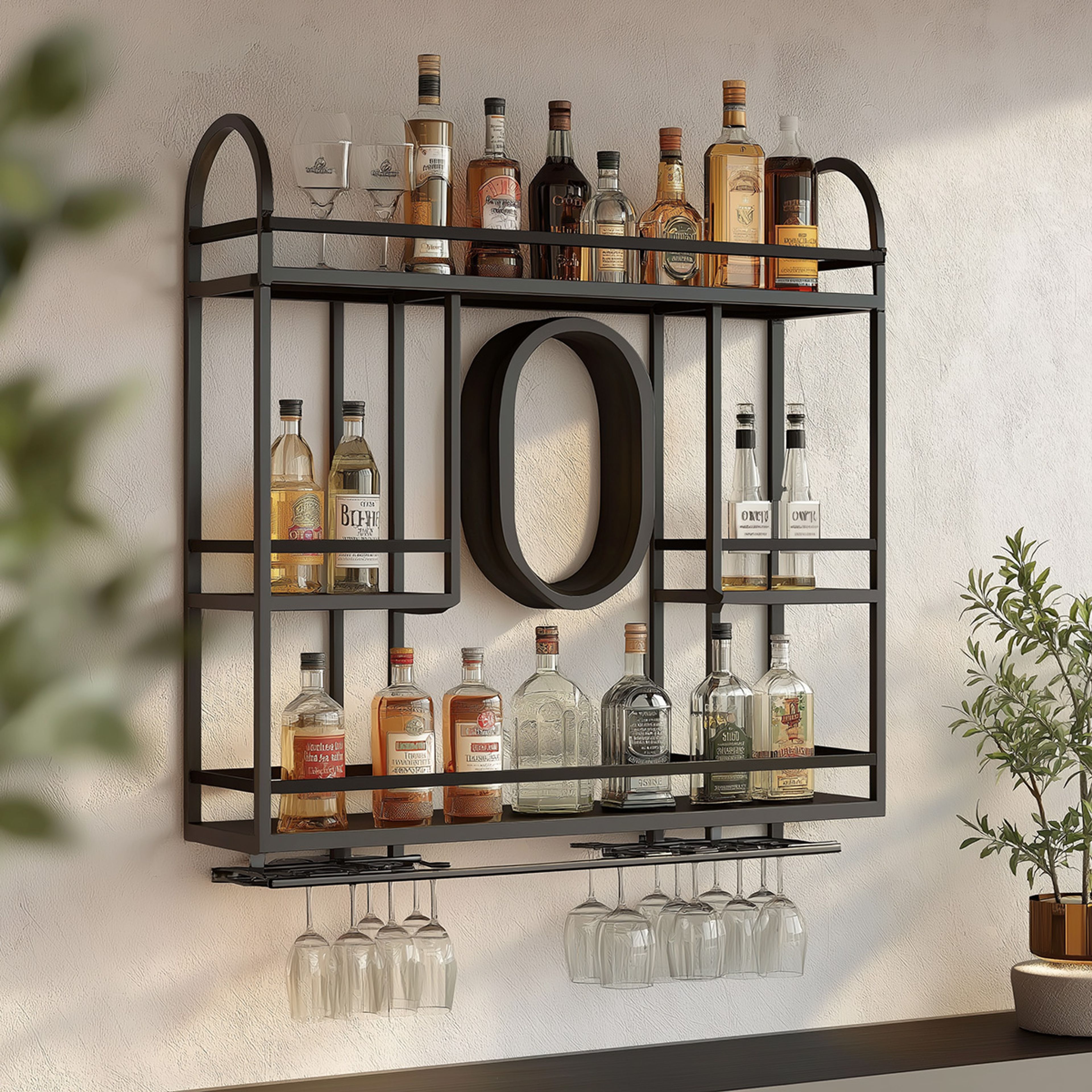 Modern Metal Frame Home Bar Design with Open Bottle Shelving and Hanging Wine Racks