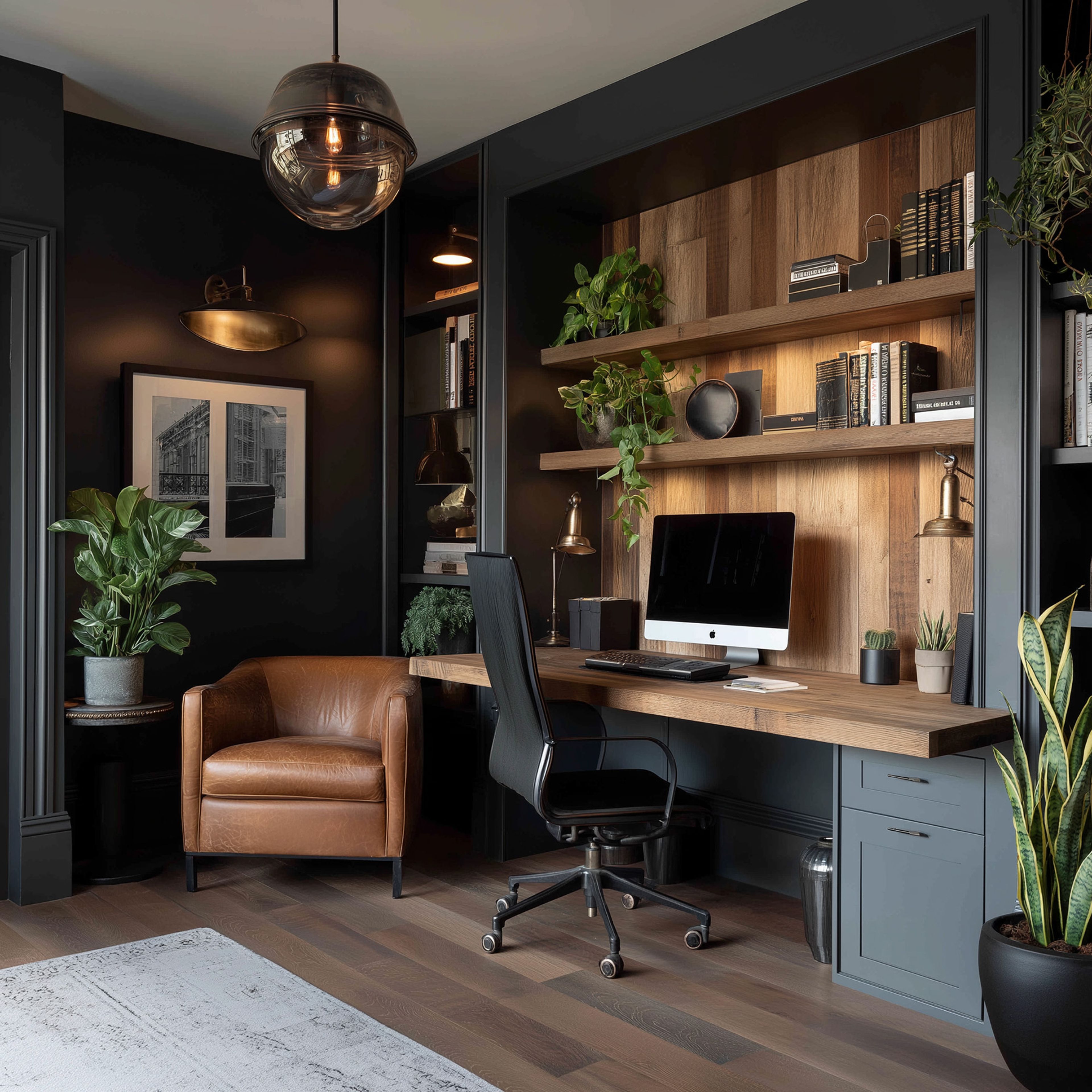 Grey and Wood Modern Home Office Design with Built-In Shelving