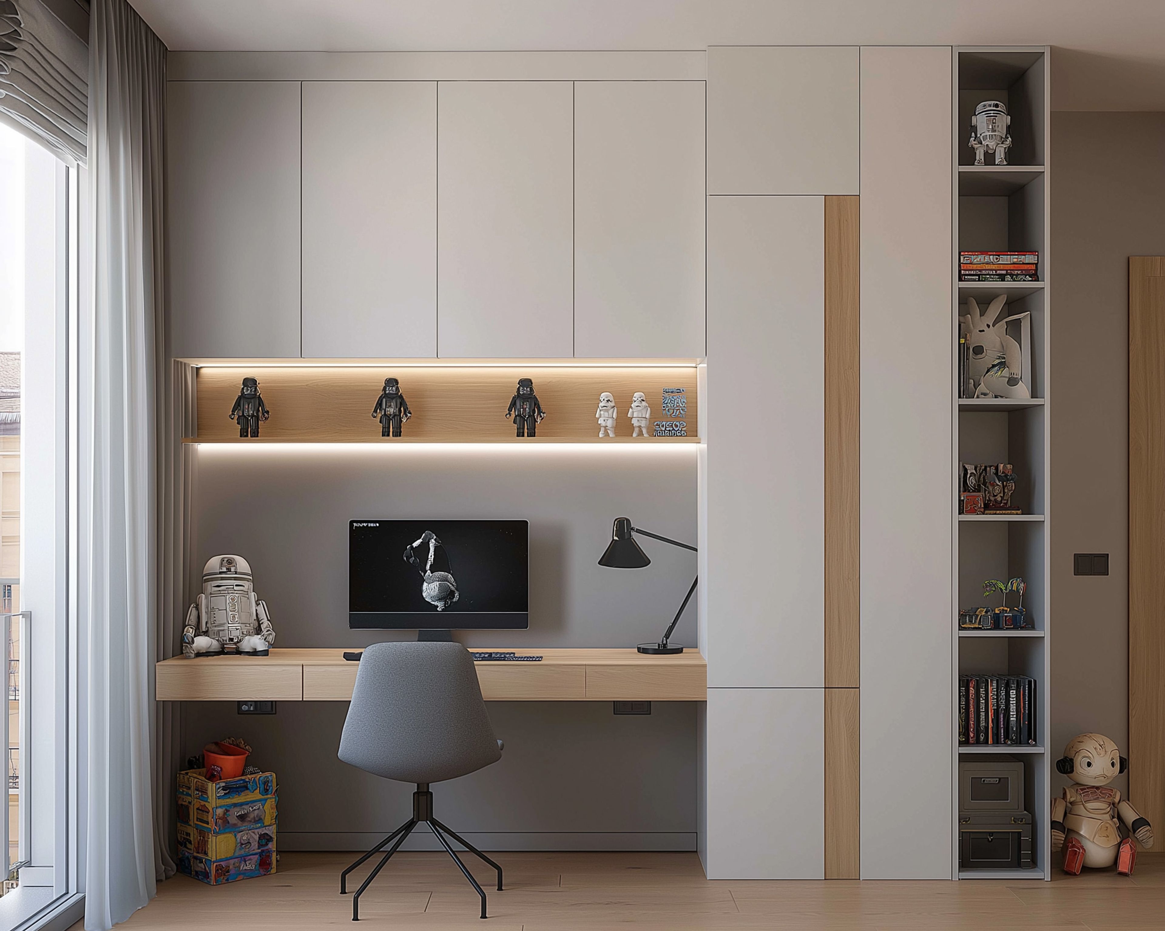 White, Grey & Wood Contemporary Home Office Design with Floating Desk and Built-In Cabinets