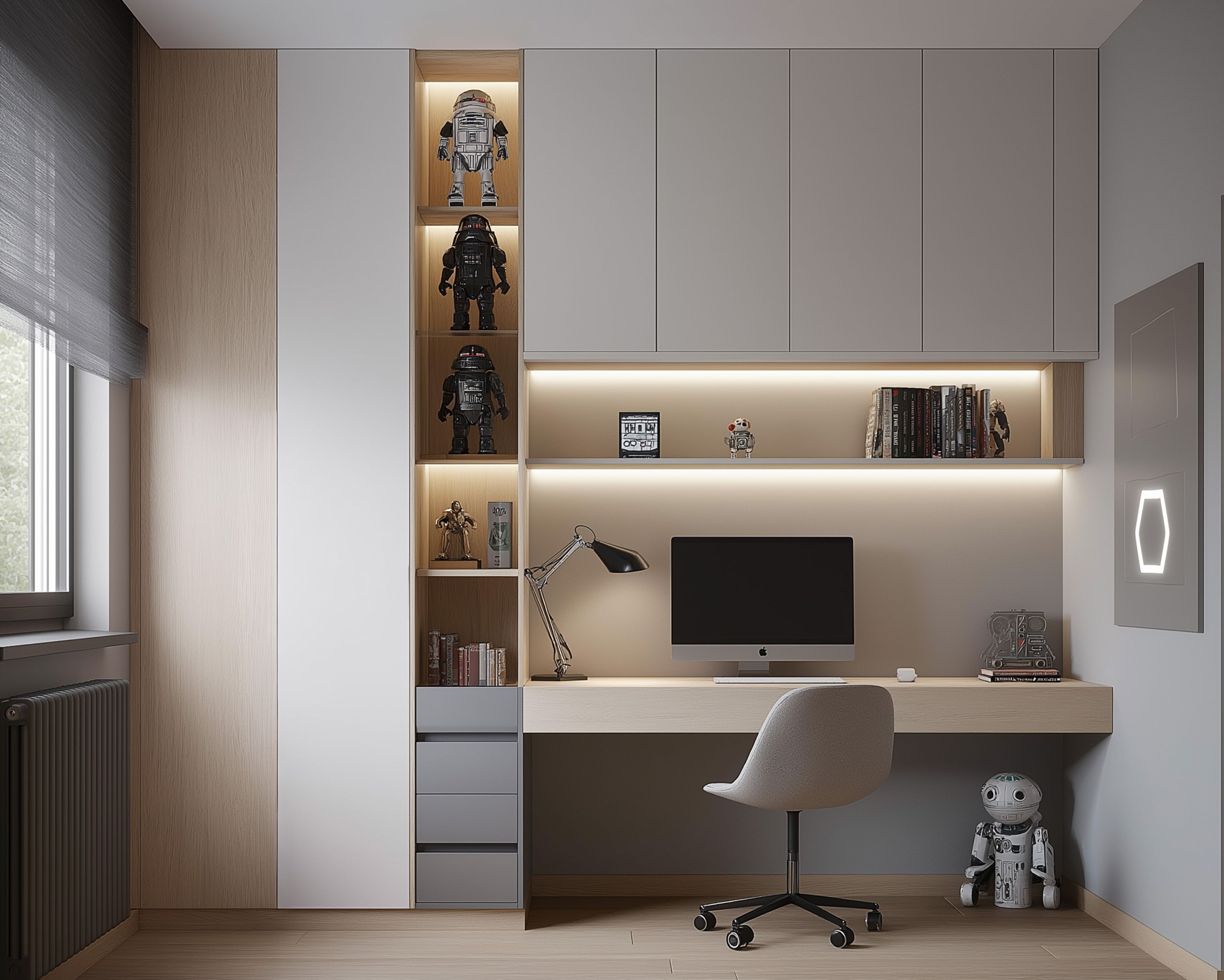 Grey, Wood and White Contemporary Home Office Design with Vertical Shelving and Vertical Shelving