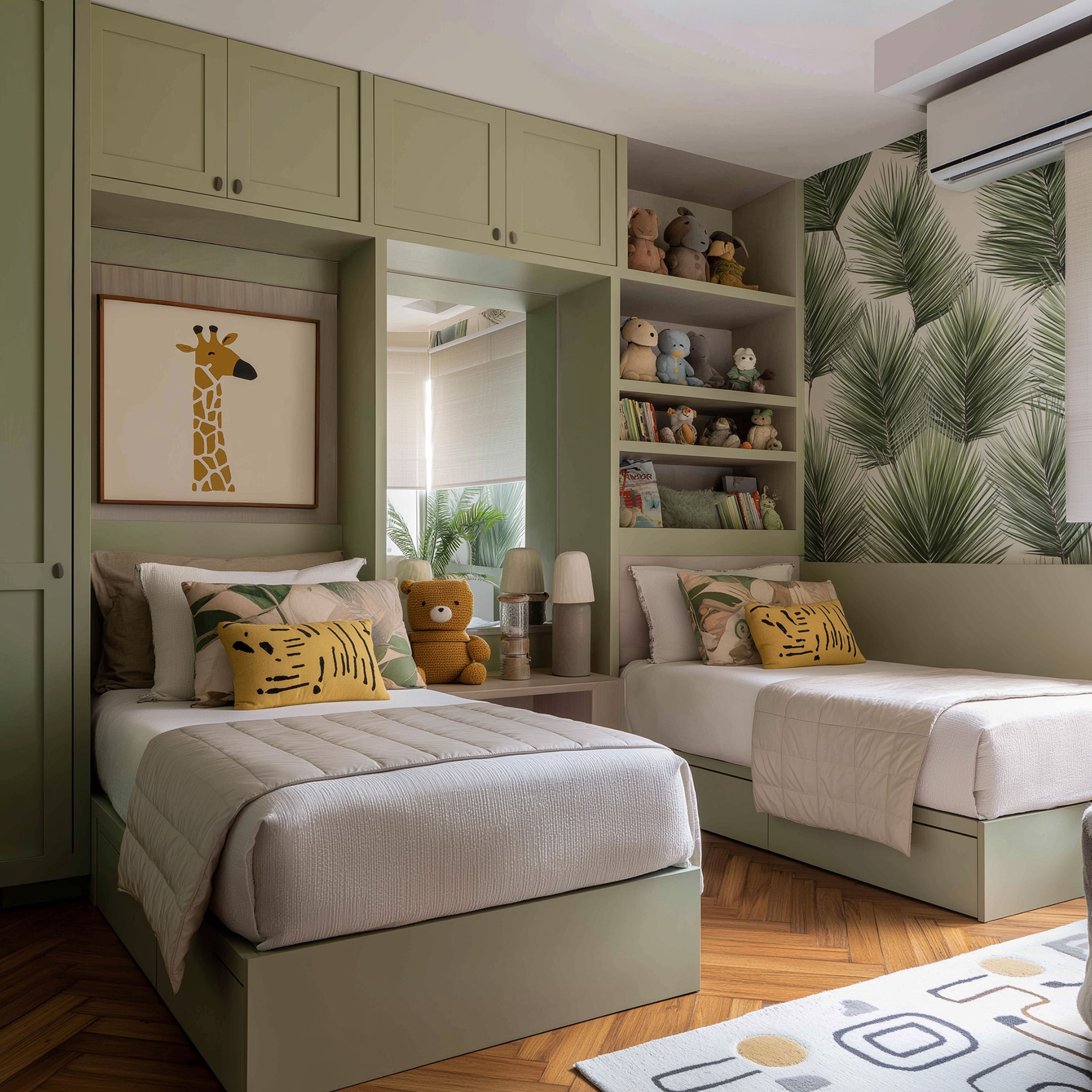 Kids Bedroom Design with Twin Beds, Green Cabinets and Palm Wallpaper