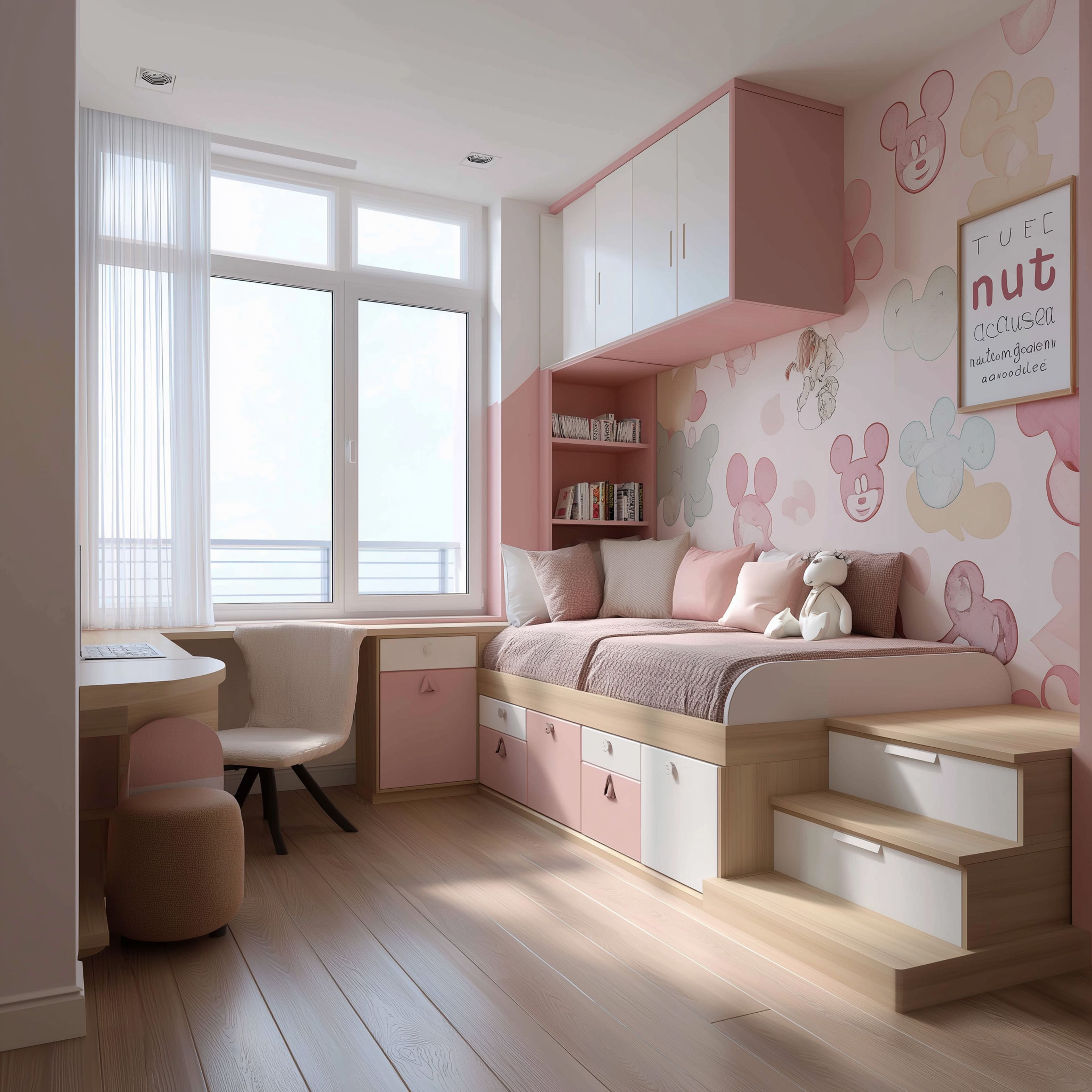 Pastel Pink Modern Kids Bedroom Design With Cartoon Wallpaper, Storage Bed And Study Desk