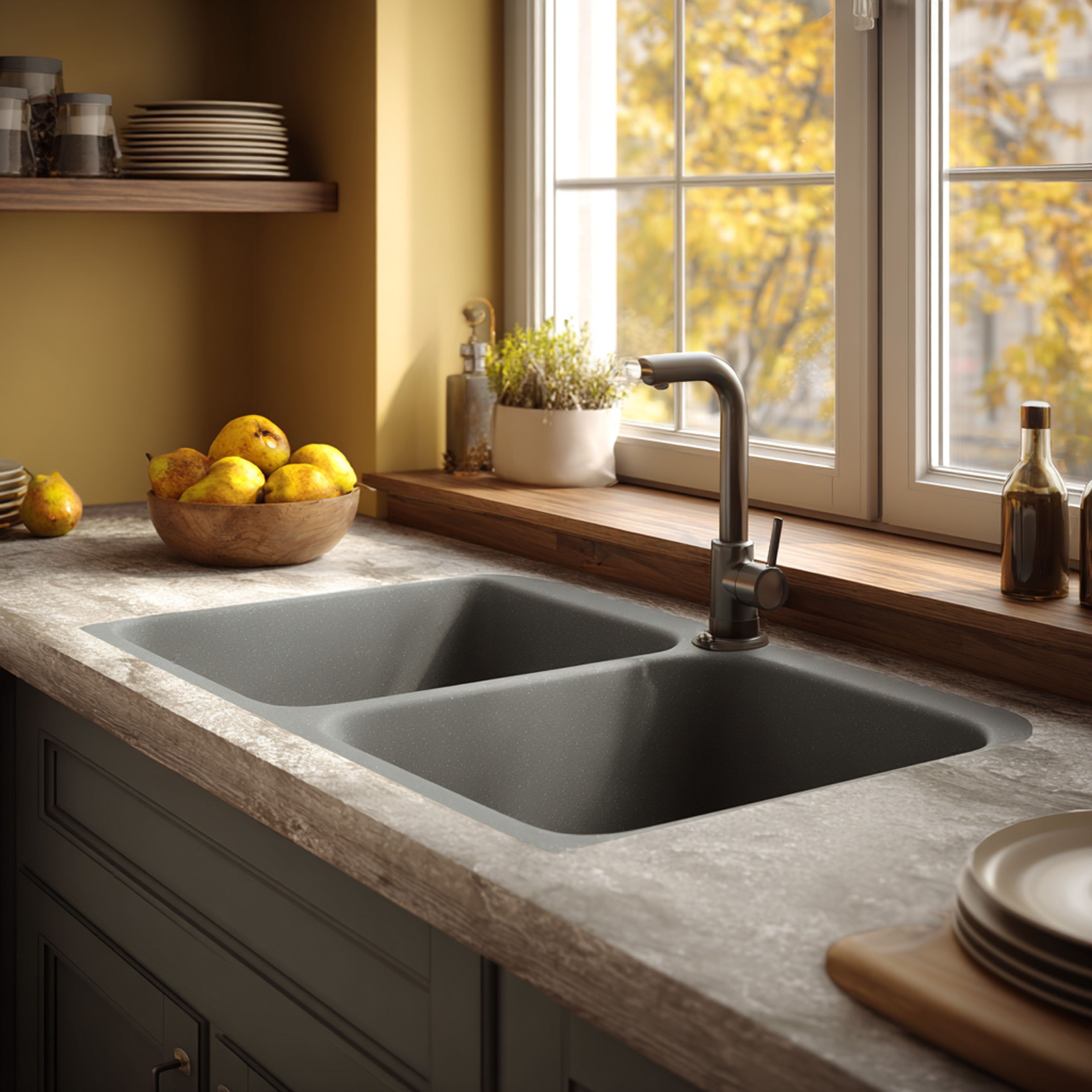 Granite Composite Double Bowl Kitchen Sink Design In topmount Style