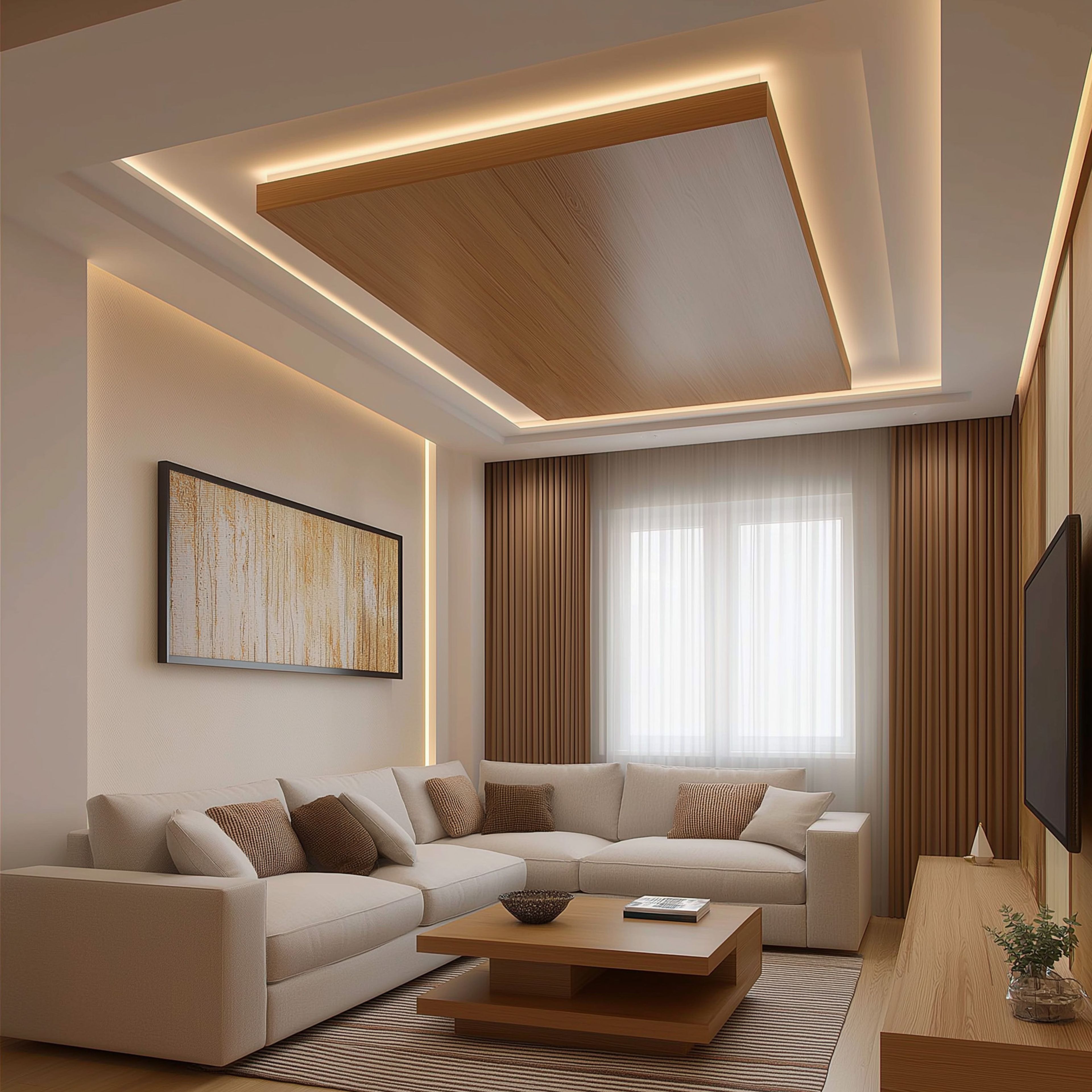 Contemporary Living Room Design with L-Shaped Beige Sofa and and Square Wooden Coffee Table