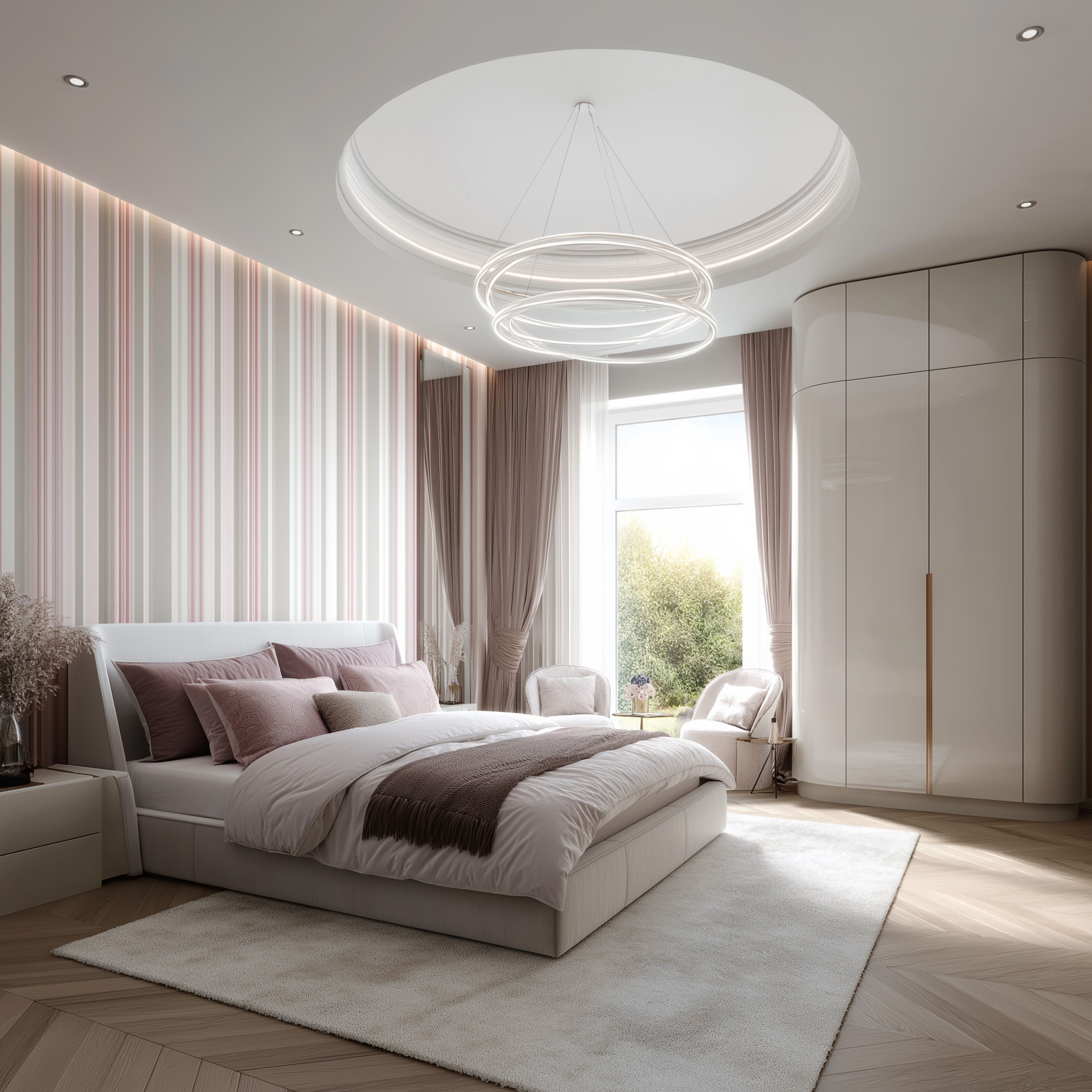 Contemporary Master Bedroom Design with Armchairs, Curved Wardrobe and Pastel Stripes