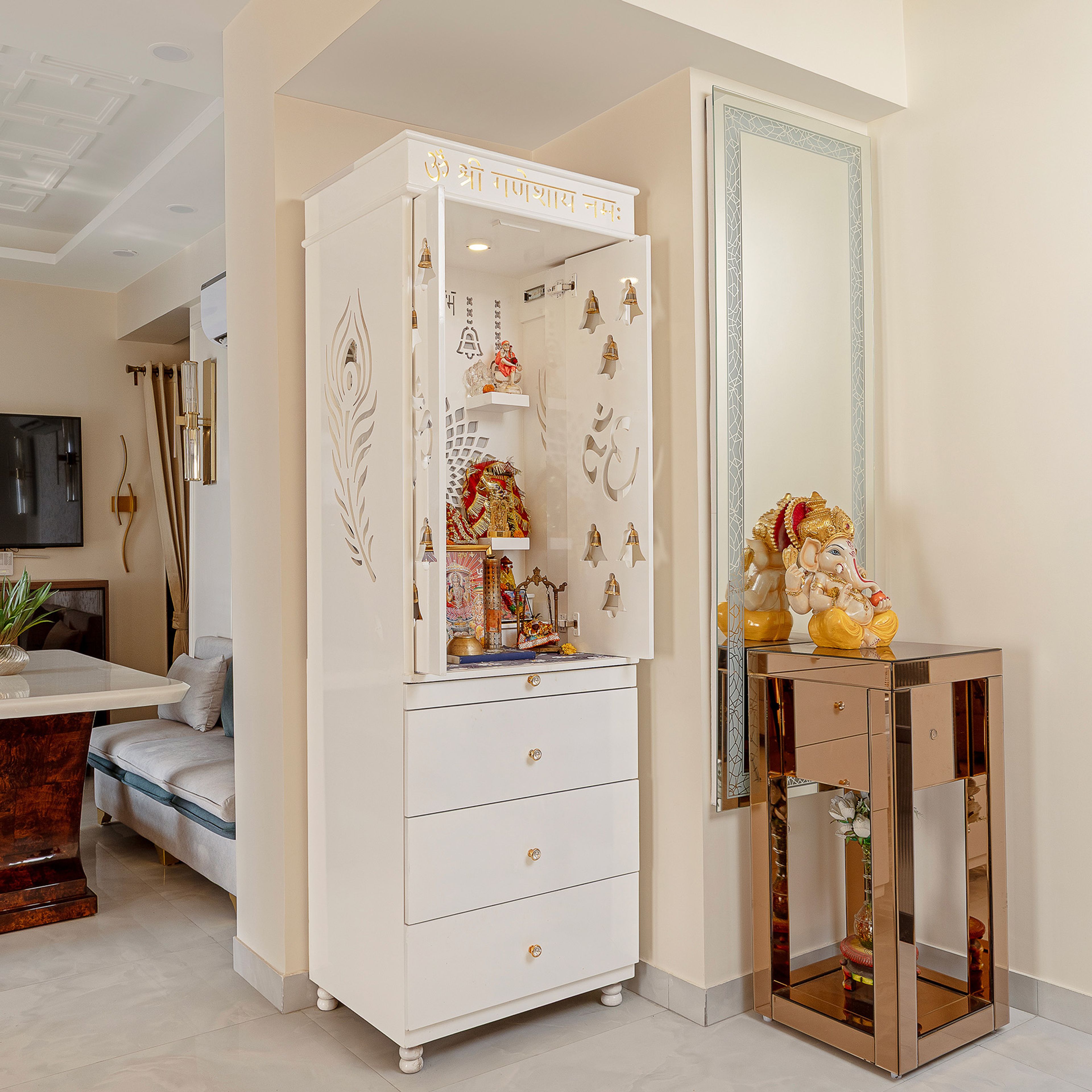 White Floor-Mounted Contemporary Design With Carved Shutters, Drawers and Bells