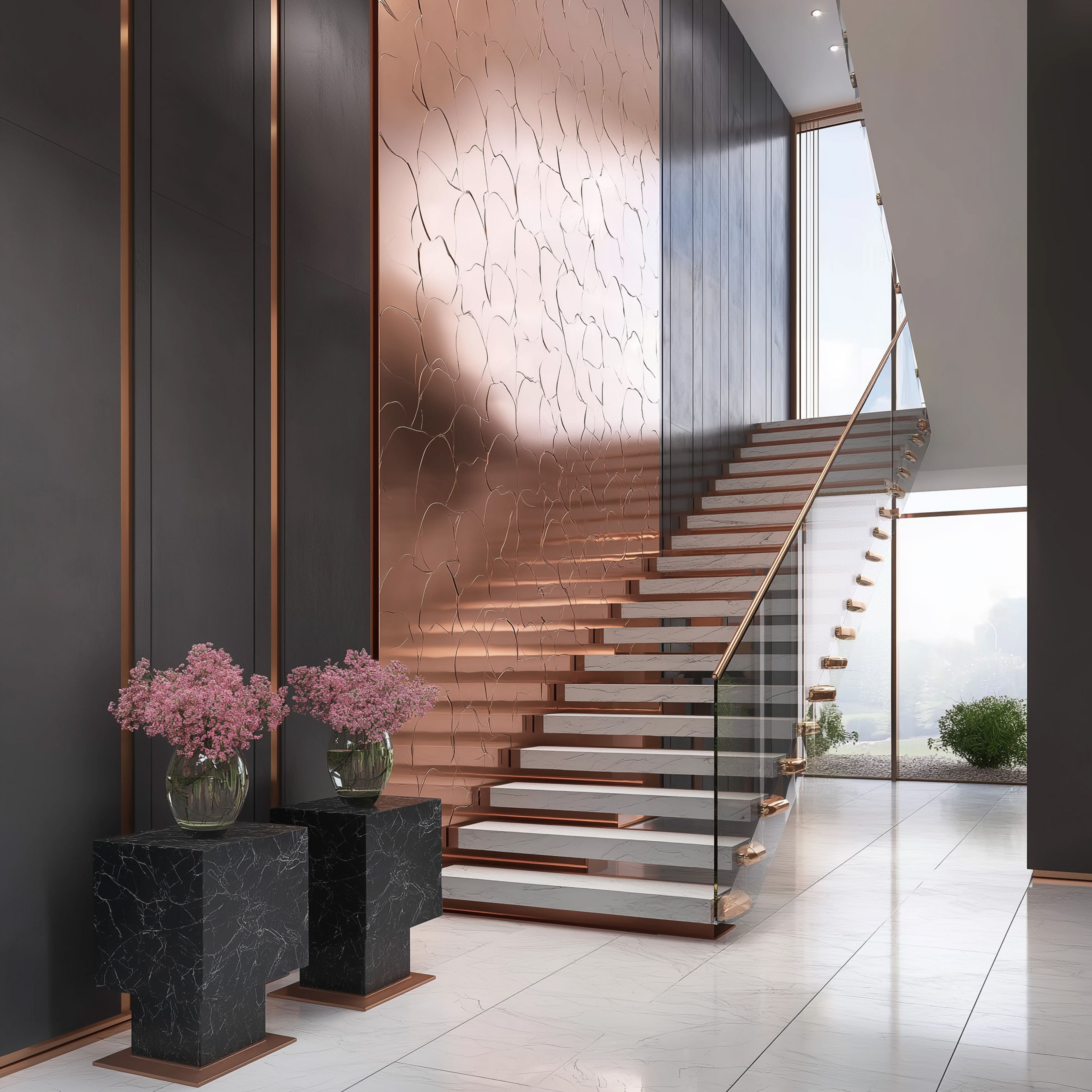 Modern Straight Staircase Design in White Marble with Copper Railings and Glass Balustrades