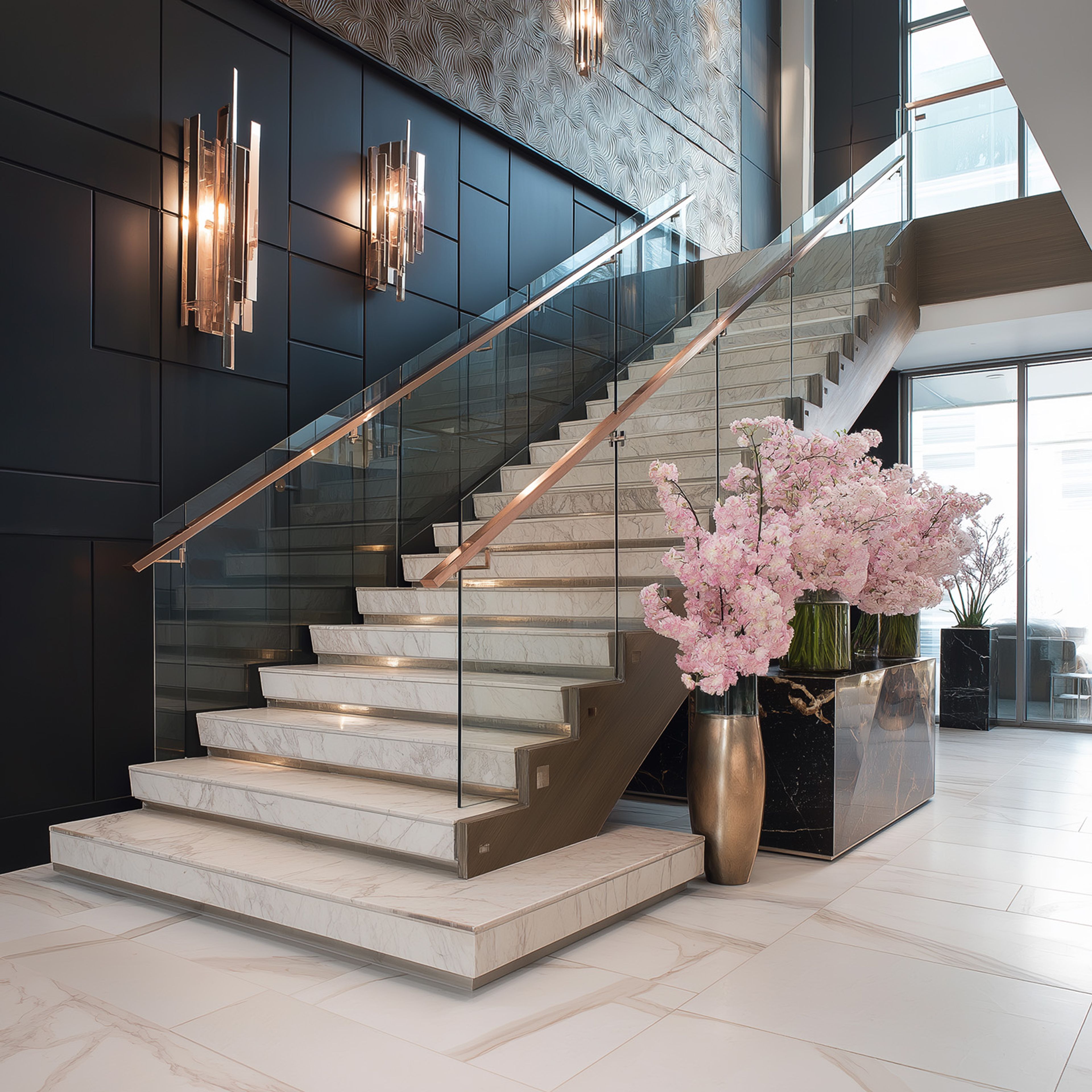 Modern Straight Staircase Design Blending Wood, Metal and Glass Elements