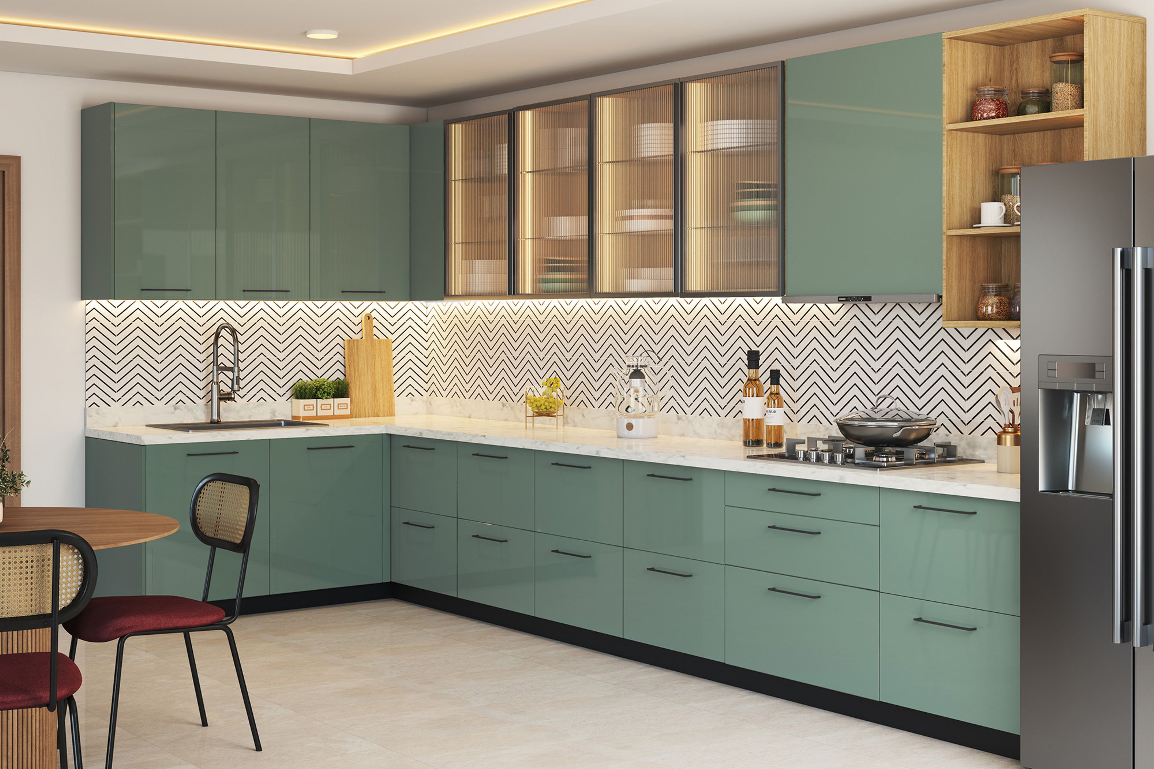 Modern Glossy Ceramic Tile Design for Kitchens in Herringbone Pattern