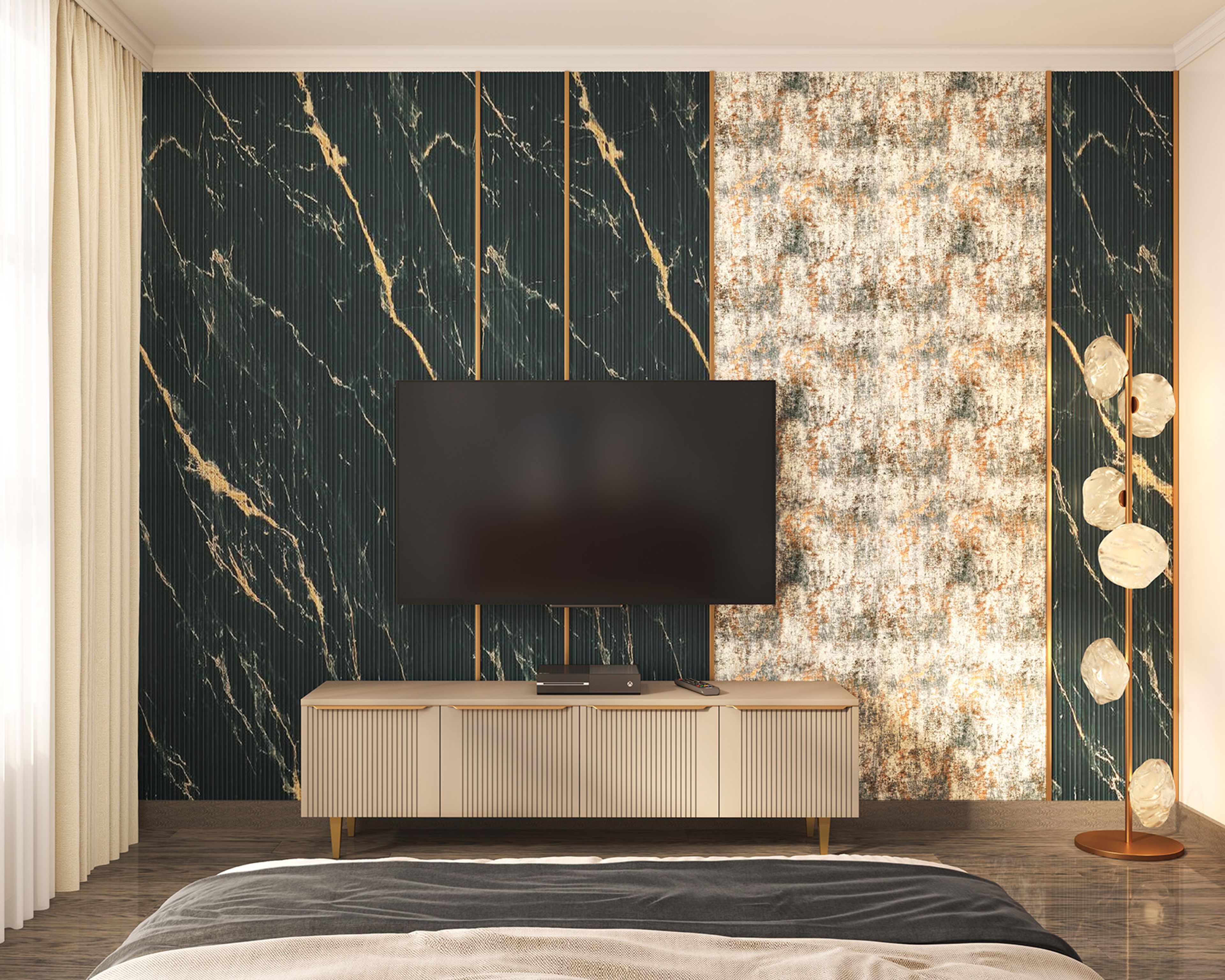 Modern Beige TV Unit Design with Fluted Panels and Gold Inlays