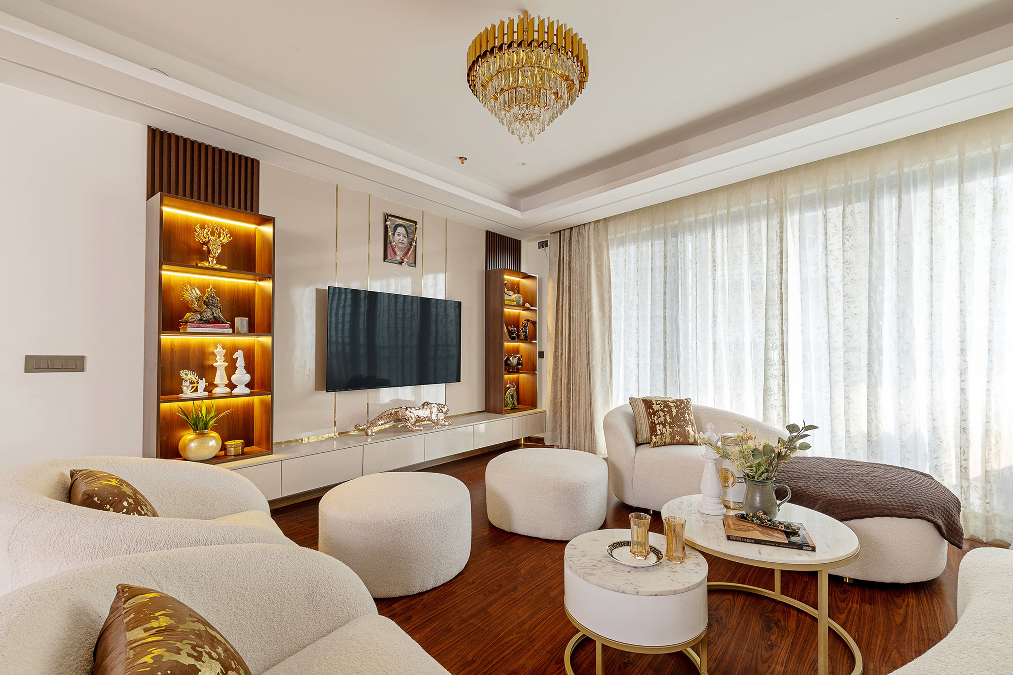 Beige and Wood Contemporary Living Room TV Unit Design with Backlit Open Display Shelves