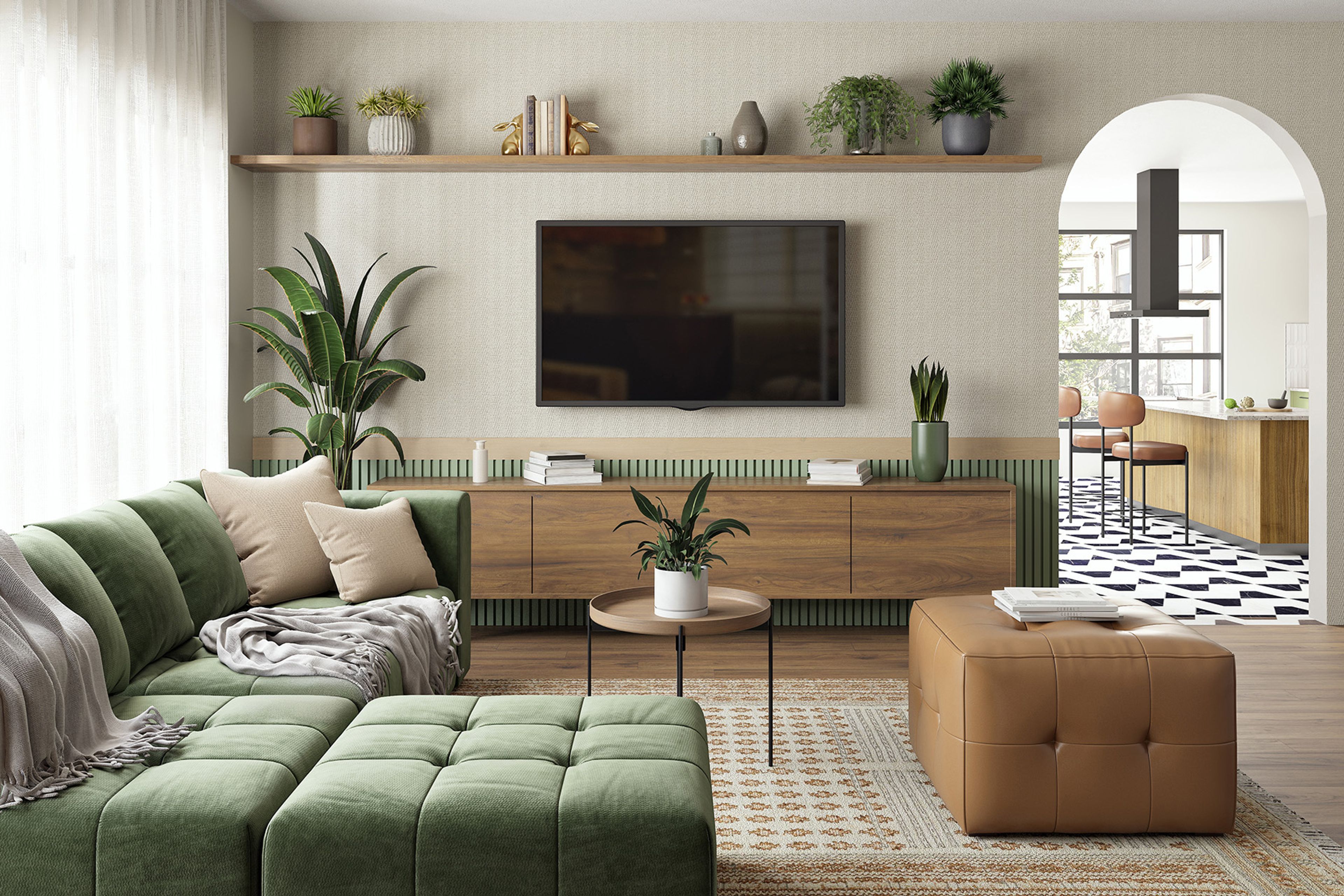 Sage Green and Wooden Finish Contemporary TV Unit Design with Fluted Panels and Open Shelves