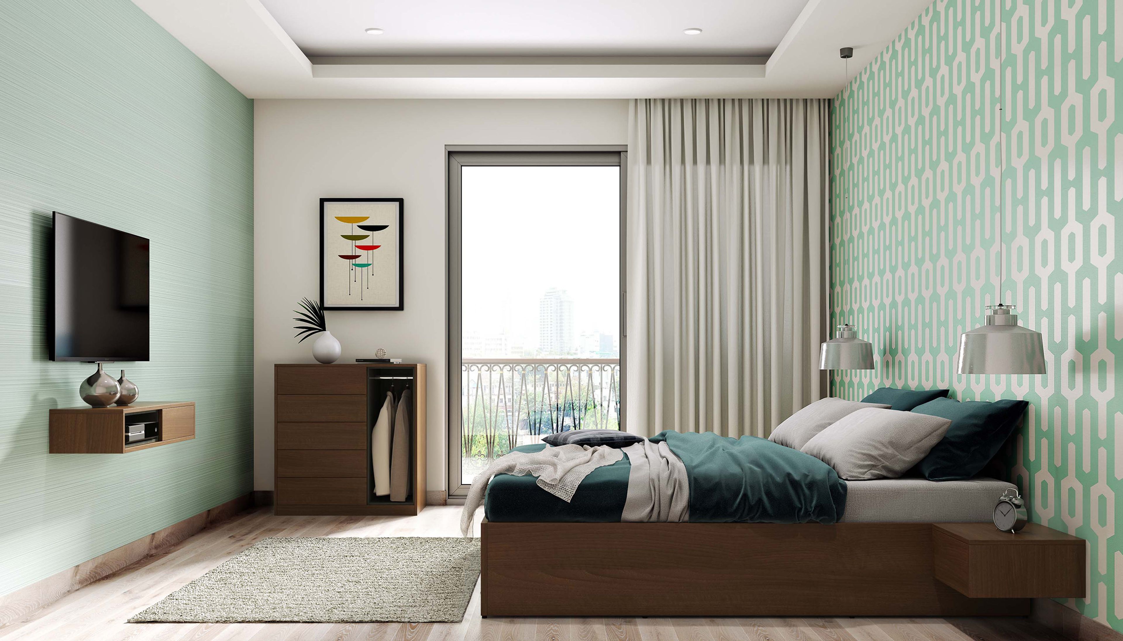 Contemporary Geometric Pattern with Elongated Hexagonal Shapes Wallpaper Design in Mint Green and White