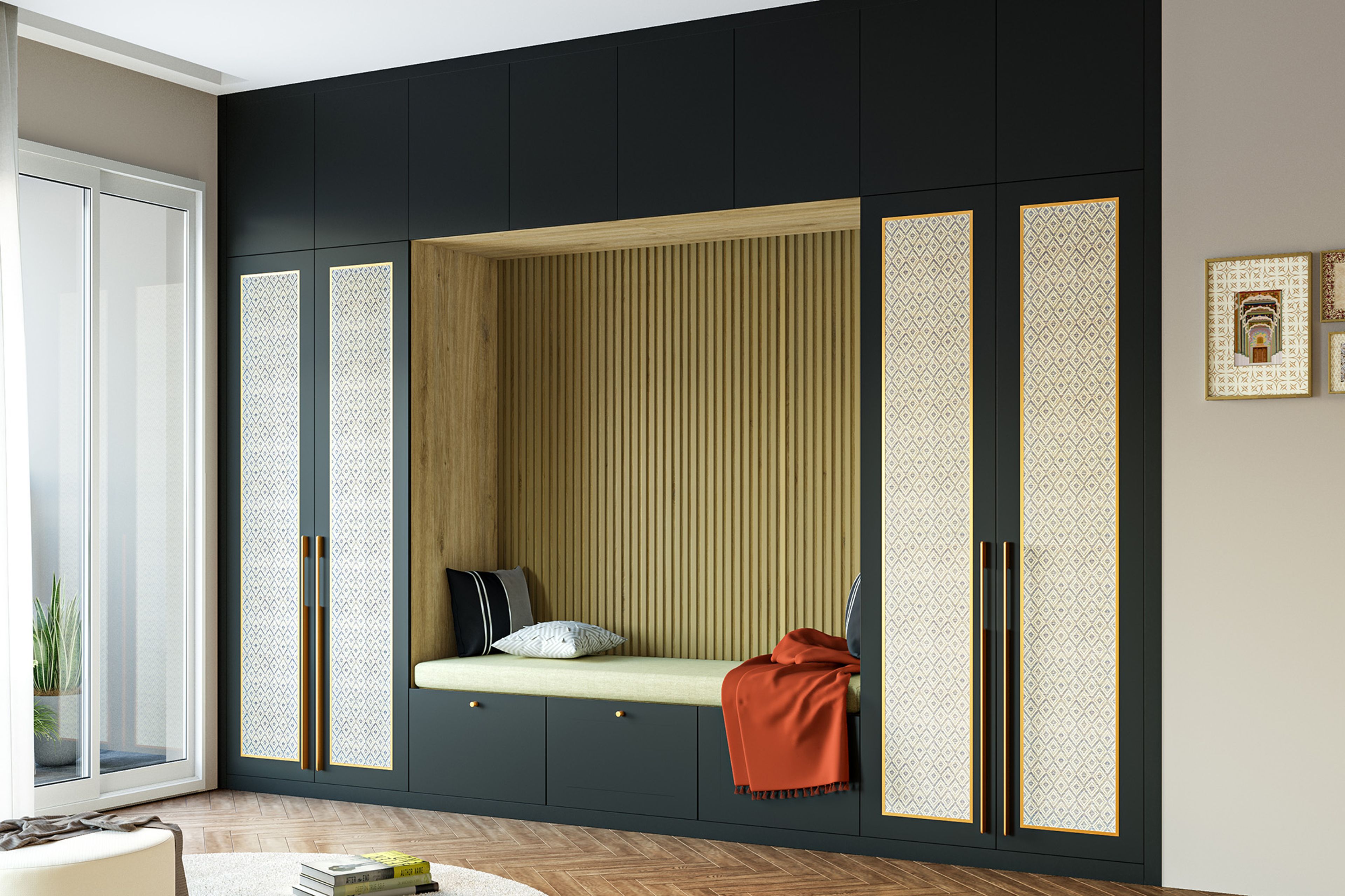 Slate and Cream Contemporary 4-Door Swing Wardrobe Design with Cane Finish and Integrated Seating Nook
