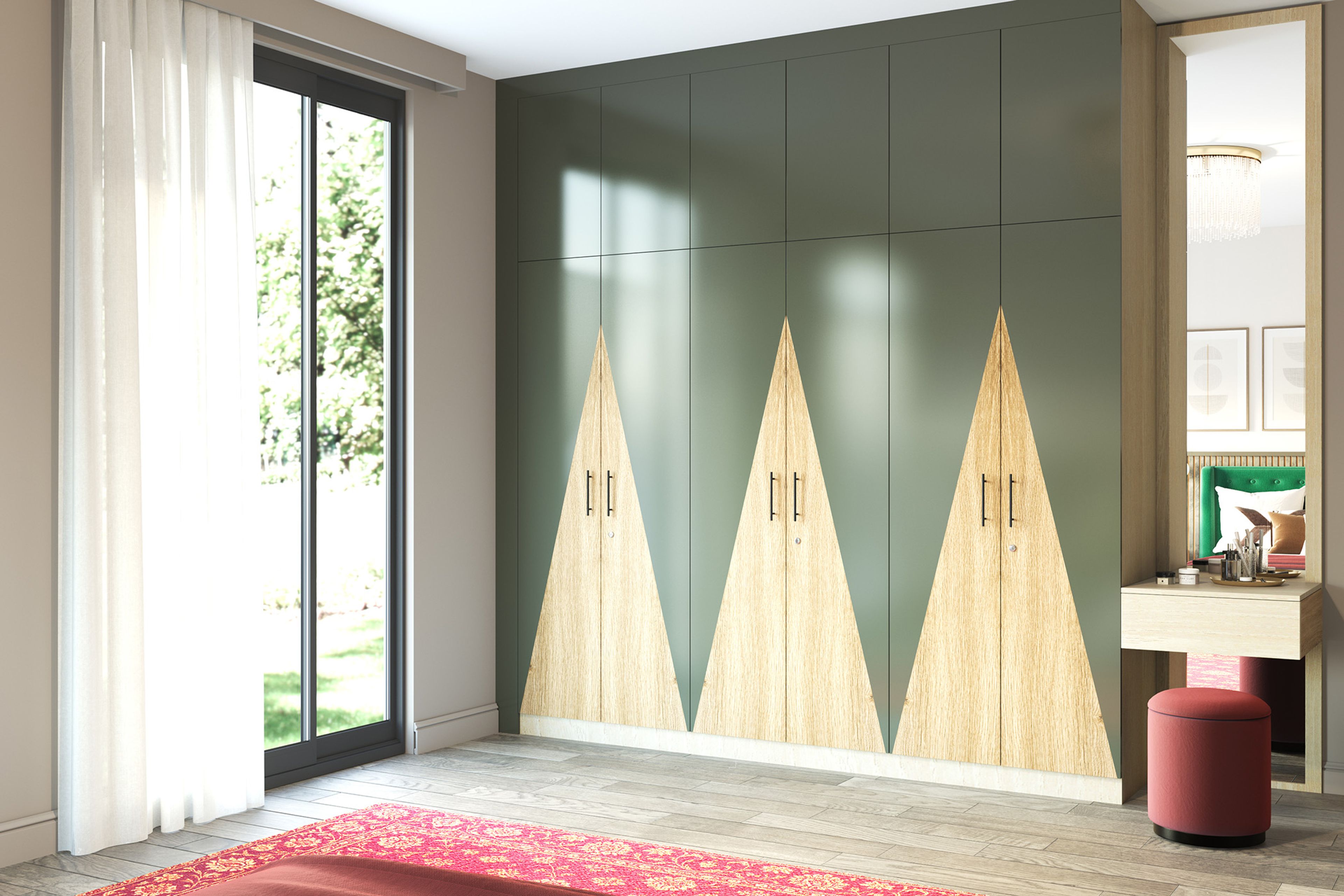 Grey and Light Wood Modern 6-Door Swing Wardrobe Design with Suede and Glossy Finishes
