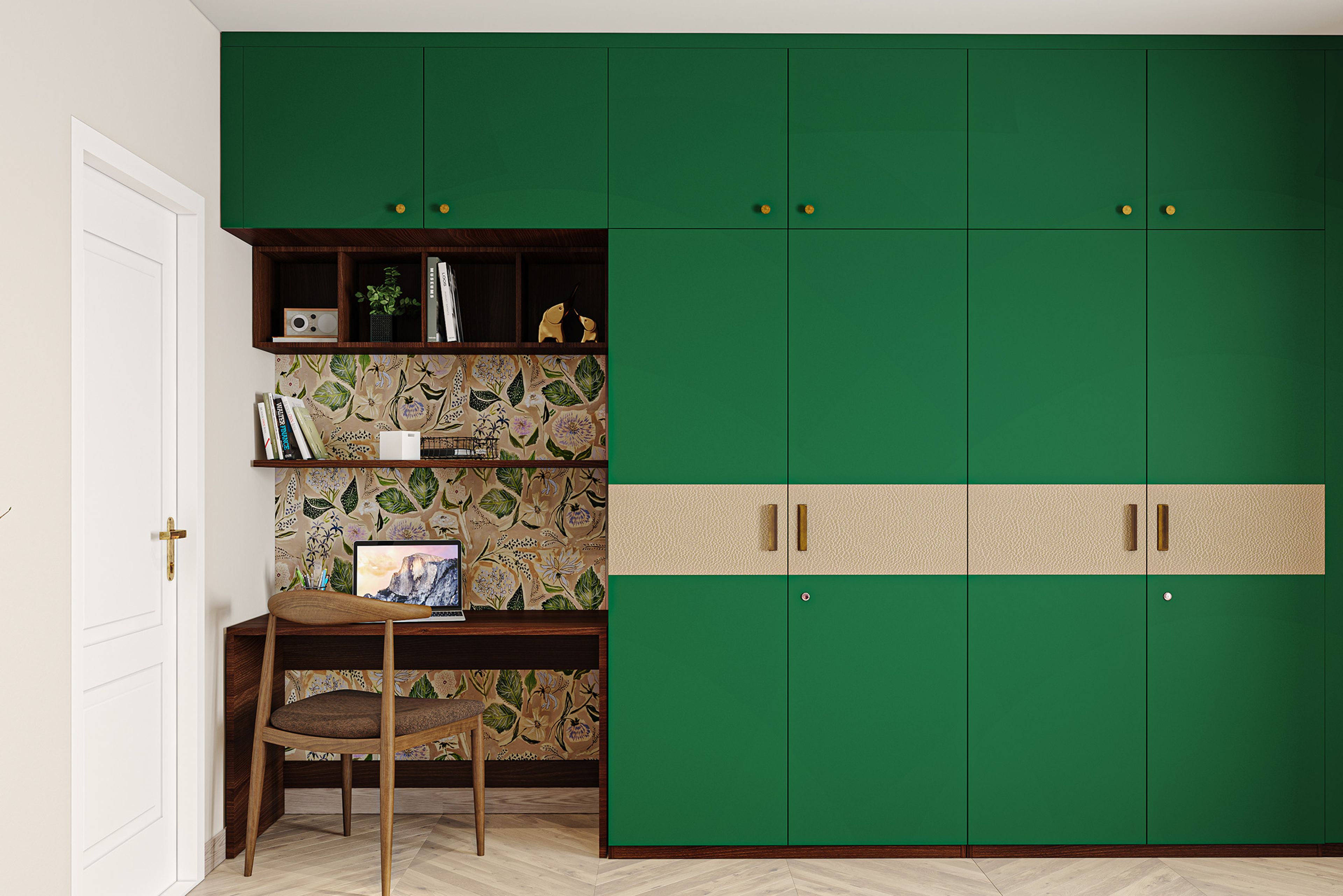 4-Door Swing Modern Wardrobe Design in Pine and Light Brown with Study Desk