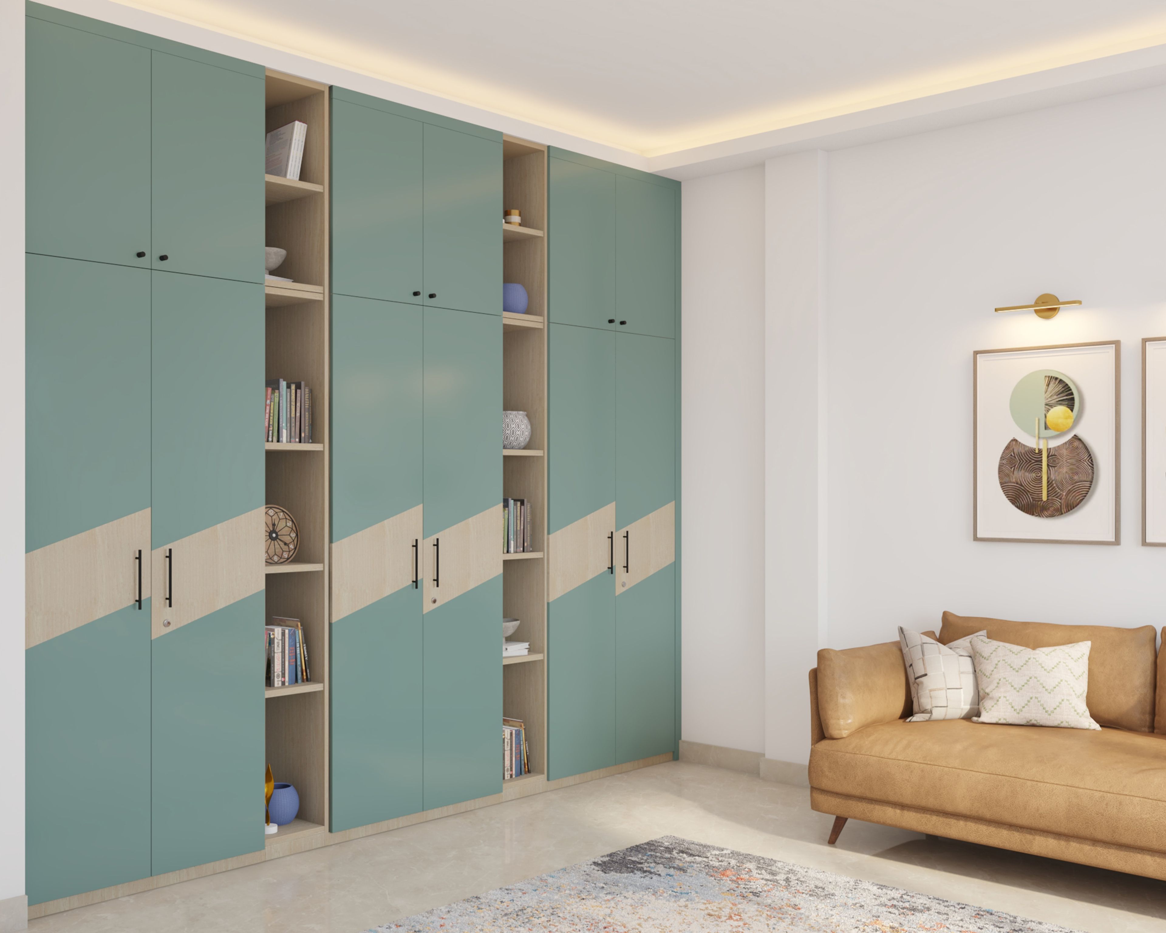 Contemporary 6-Door Swing Wardrobe Design with Blue and Acacia Matte Finishes