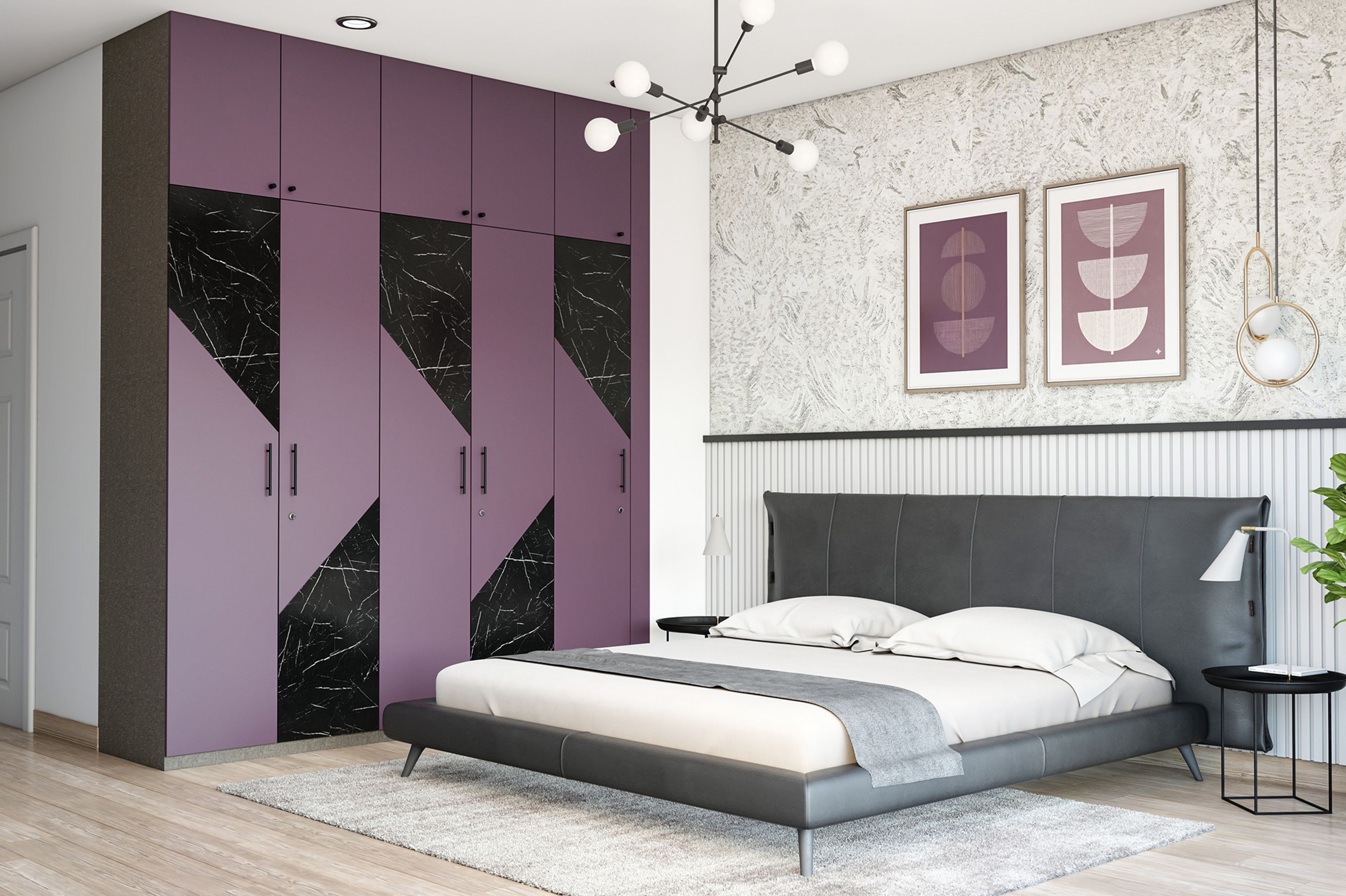 Modern 5-Door Swing Wardrobe Design with Geometric Pattern in Stone Finish and Matte Texture