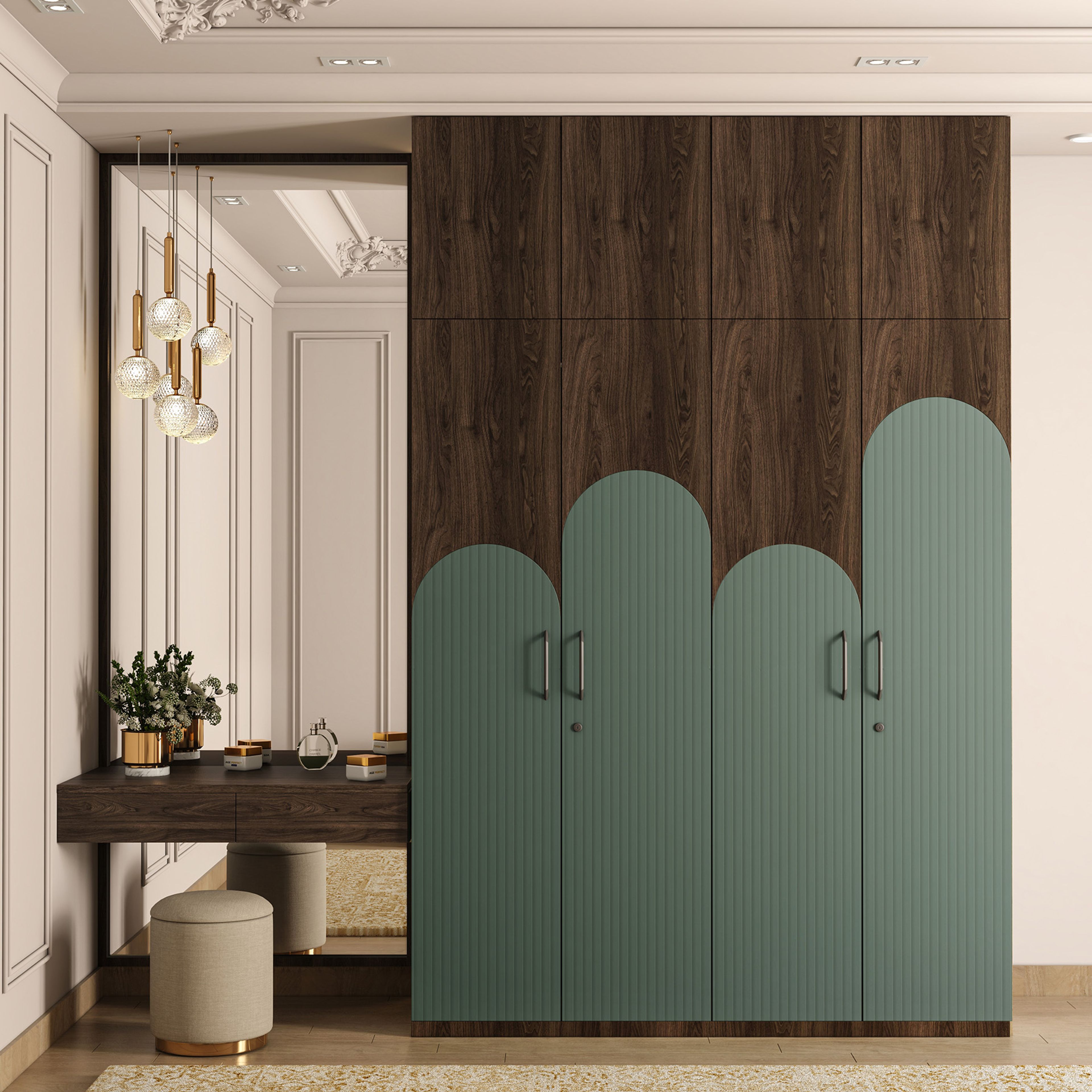Contemporary 4-Door Swing Wardrobe Design With Brown Walnut and Green Fluted Shutters
