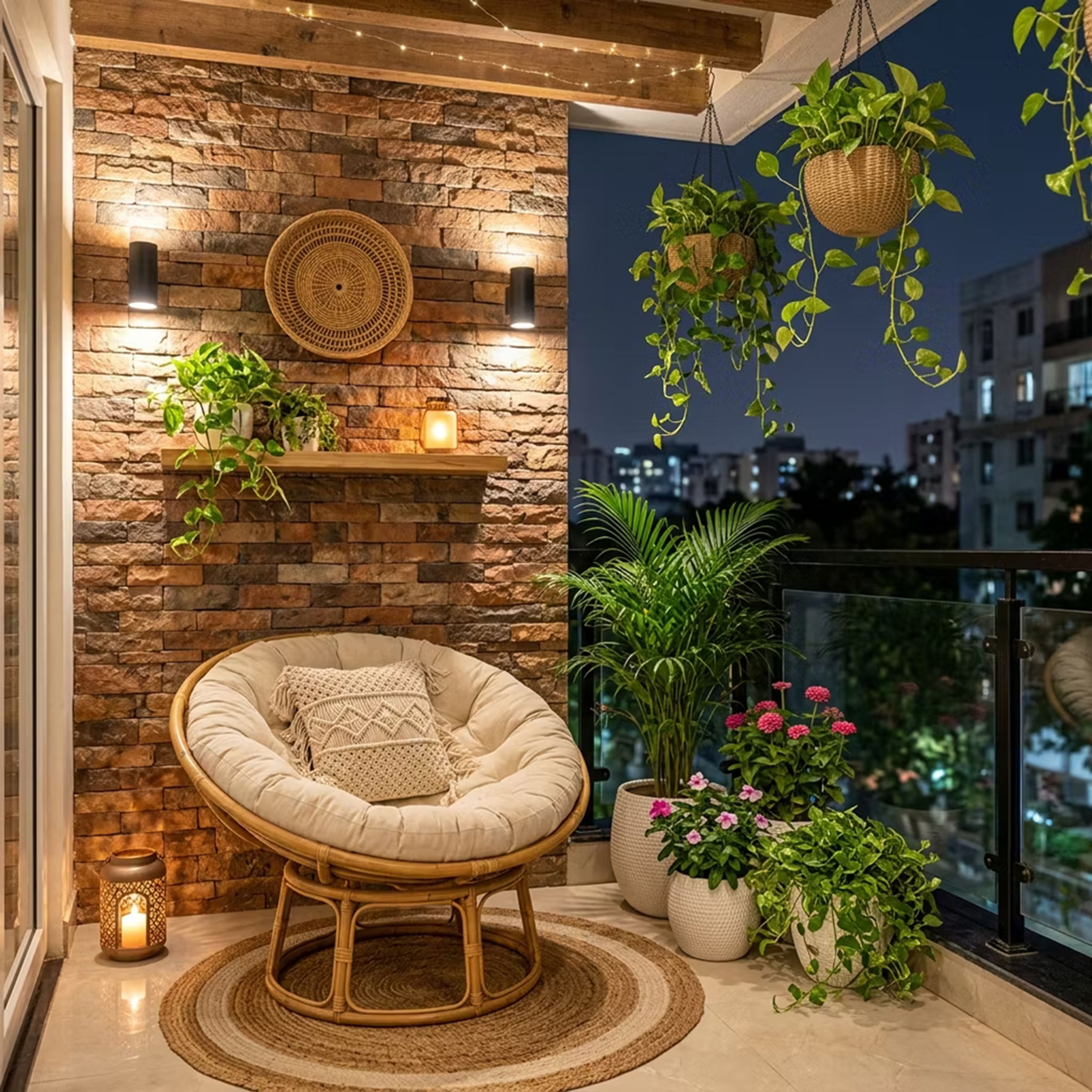 Boho Stone Wall Balcony Design with Hanging Planters with Rattan Lounge Chair