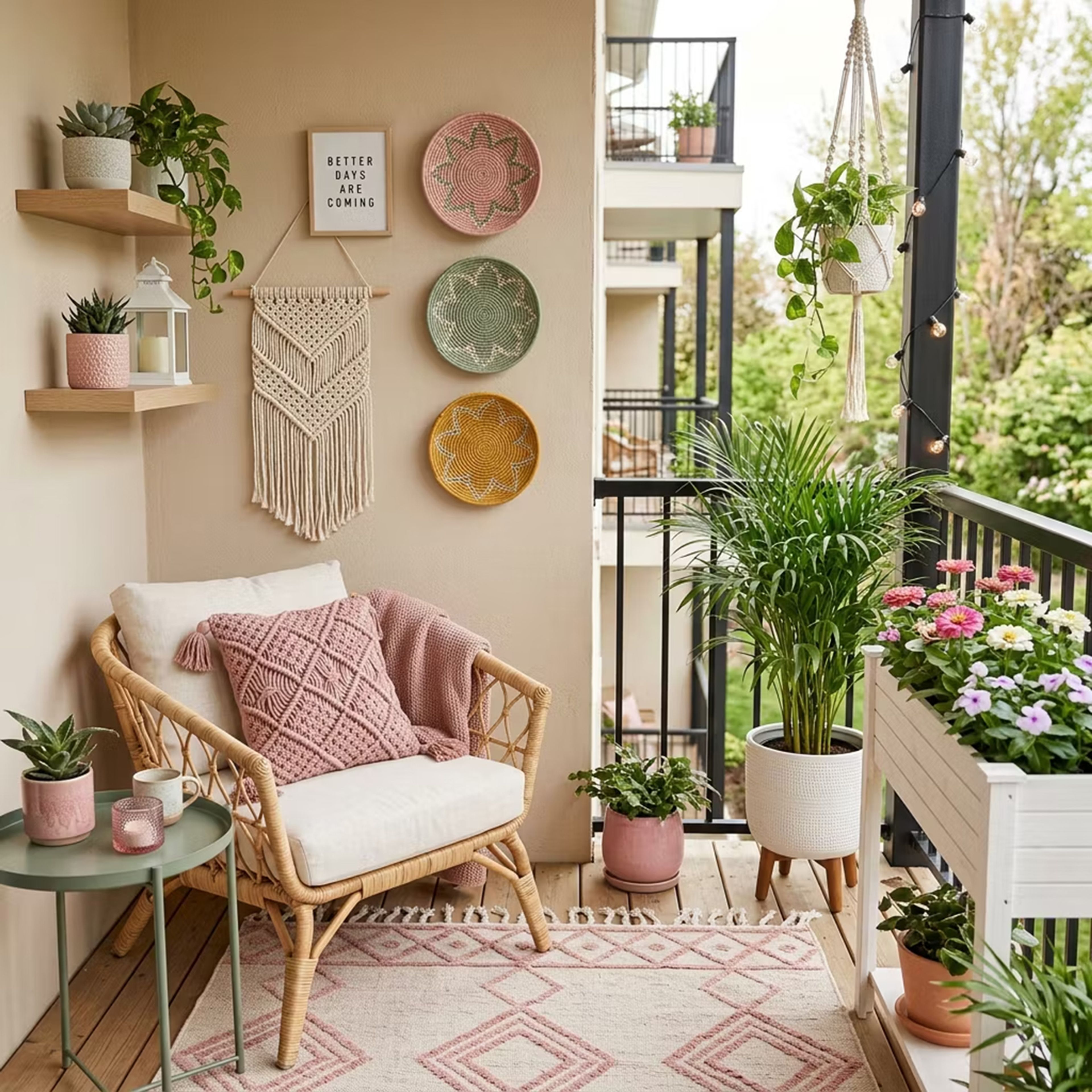 Beige Boho Balcony Design with Pink Area Rug with Rattan Armchair