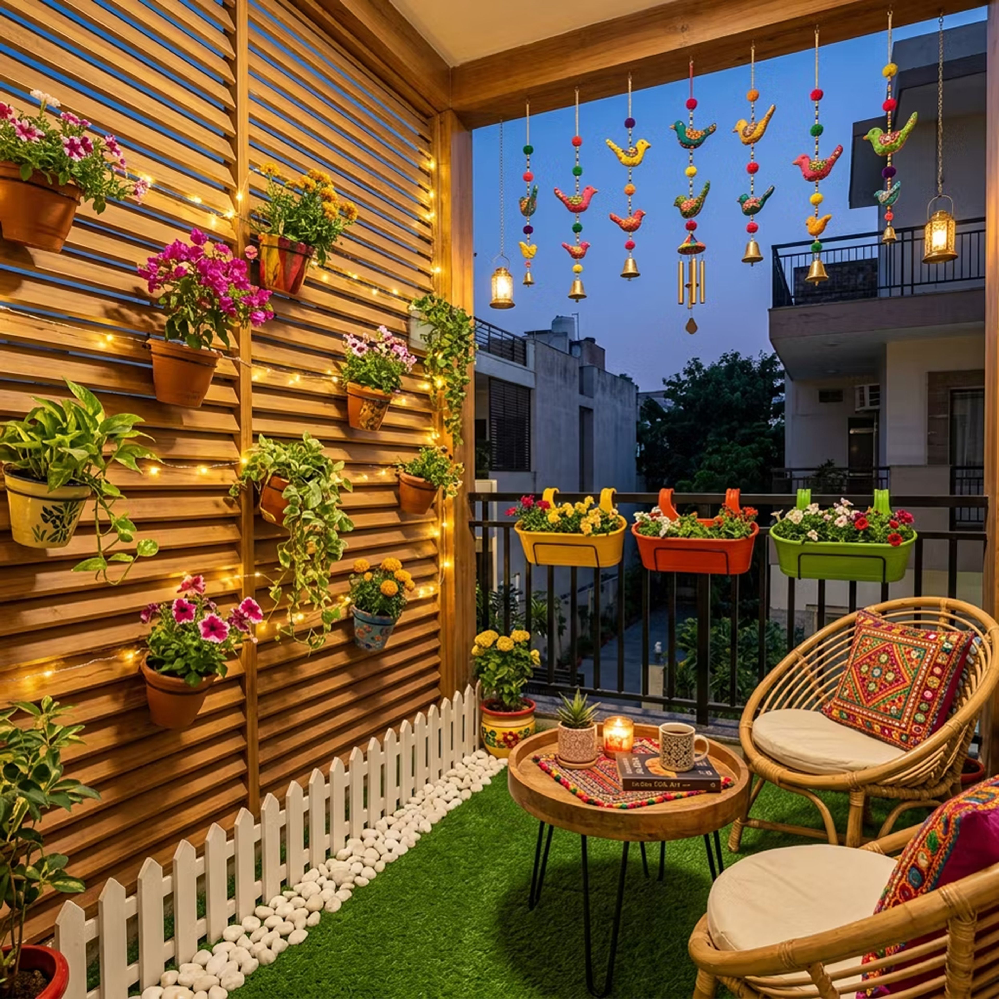 Indian Traditional Balcony Design with Wooden Planter Wall and Fence Border
