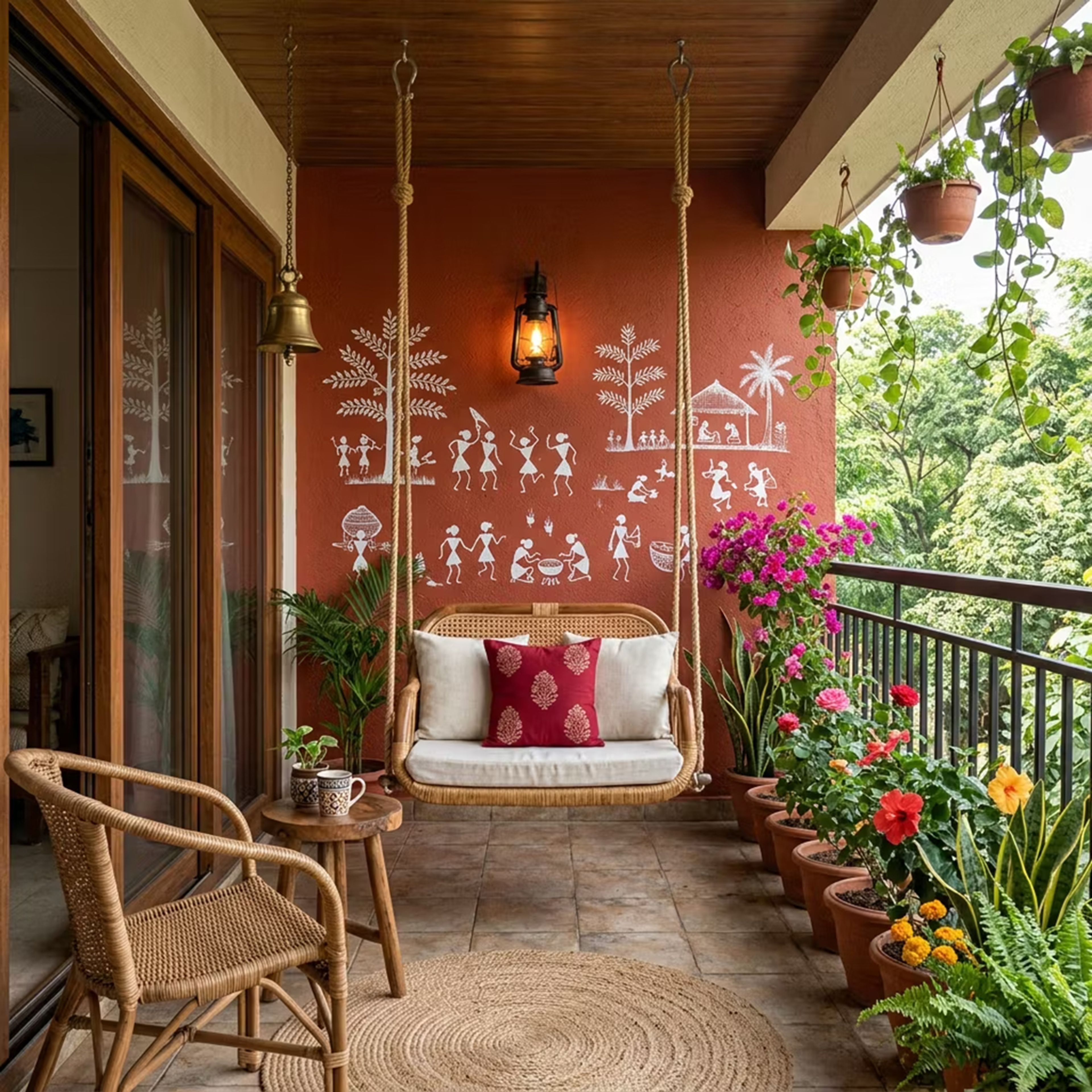Indian Traditional Balcony Design with Cane Swing and Wooden-Panelled Ceiling
