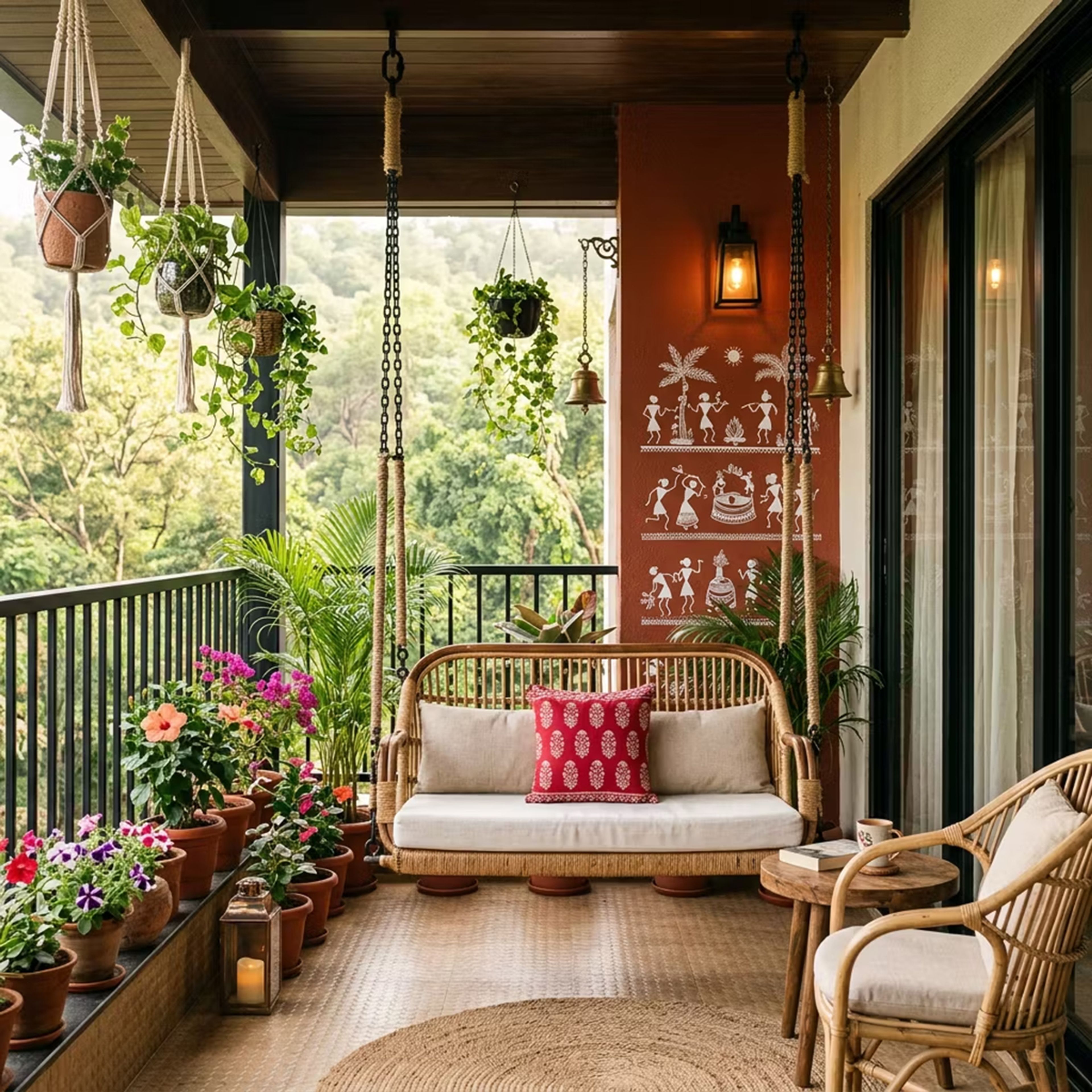 Indian Traditional Balcony Design with Warli Art on Terracotta Accent Wall