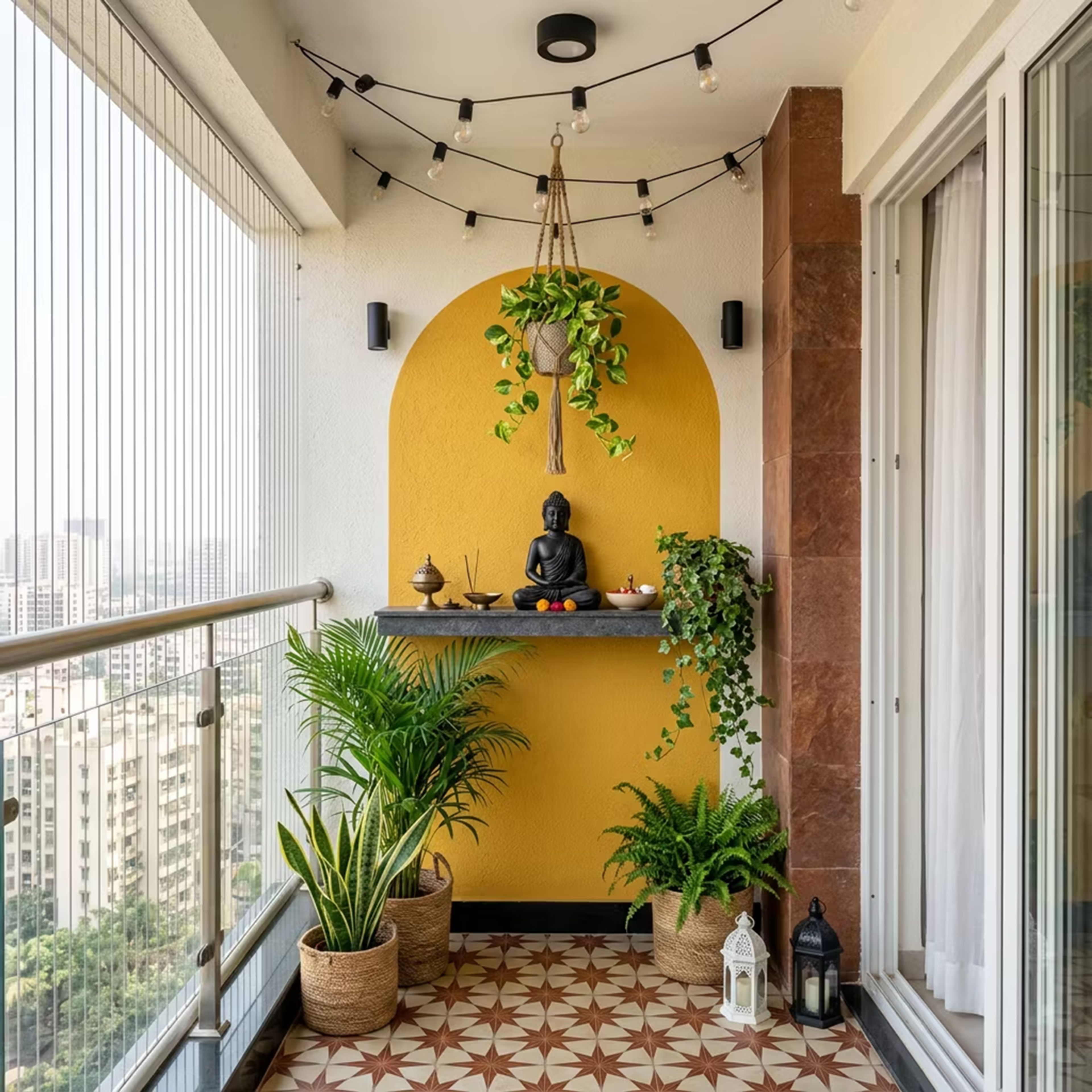 Tropical Mustard Arch Wall Balcony Design with Buddha Idol and Lights