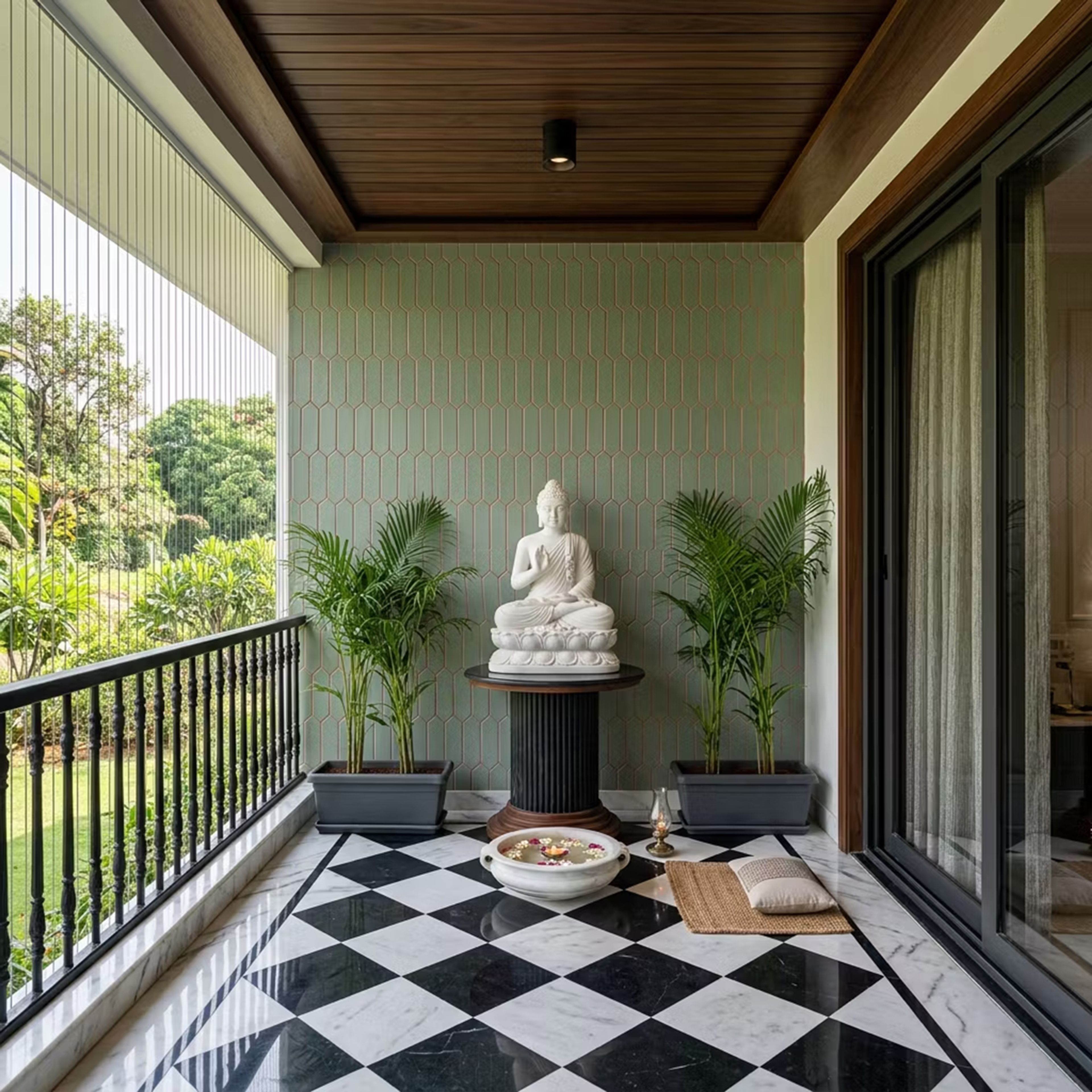Classic Black and White Flooring Design with Checkerboard Marble Tiles