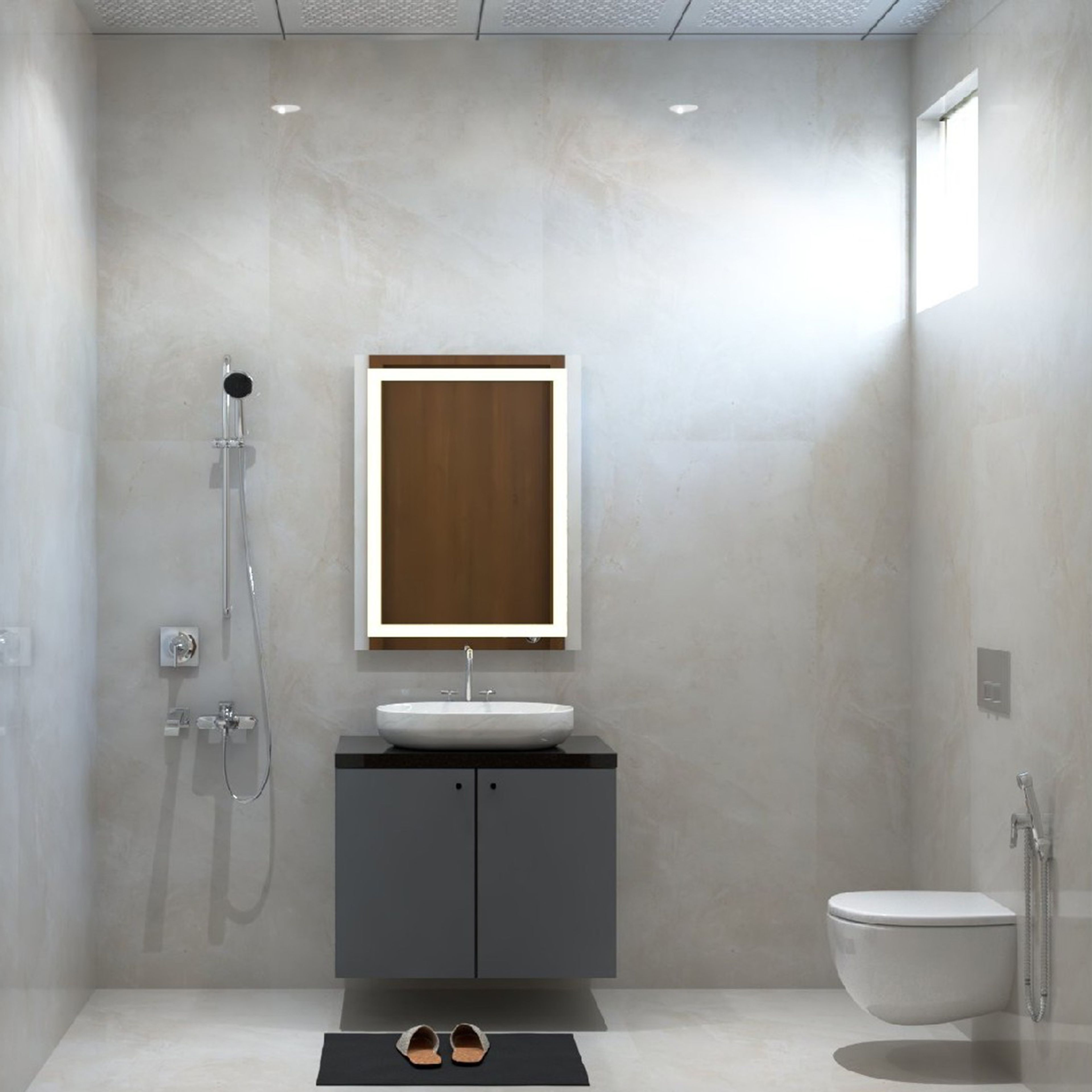 Bathroom Design with Dark Gray Floating Vanity and LED Mirror