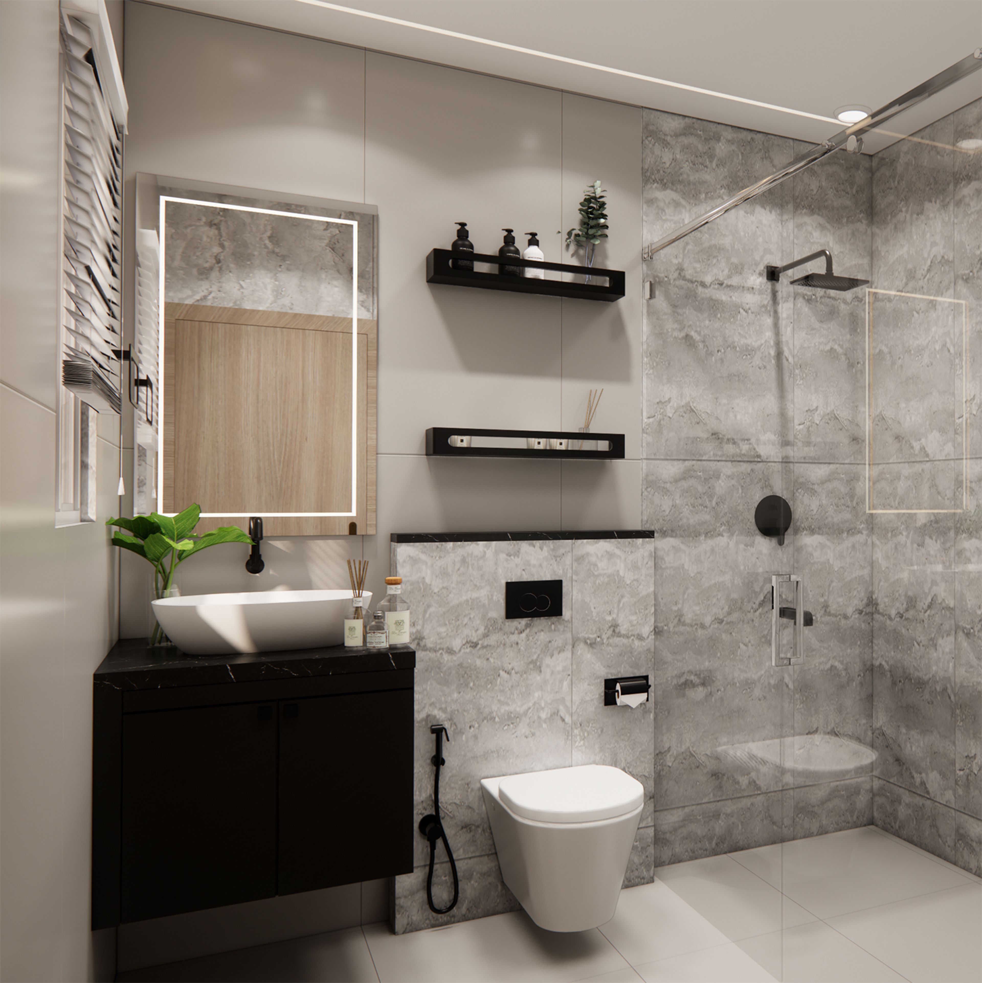 Black Marble Bathroom Design with Illuminated Border Rectangular Mirror