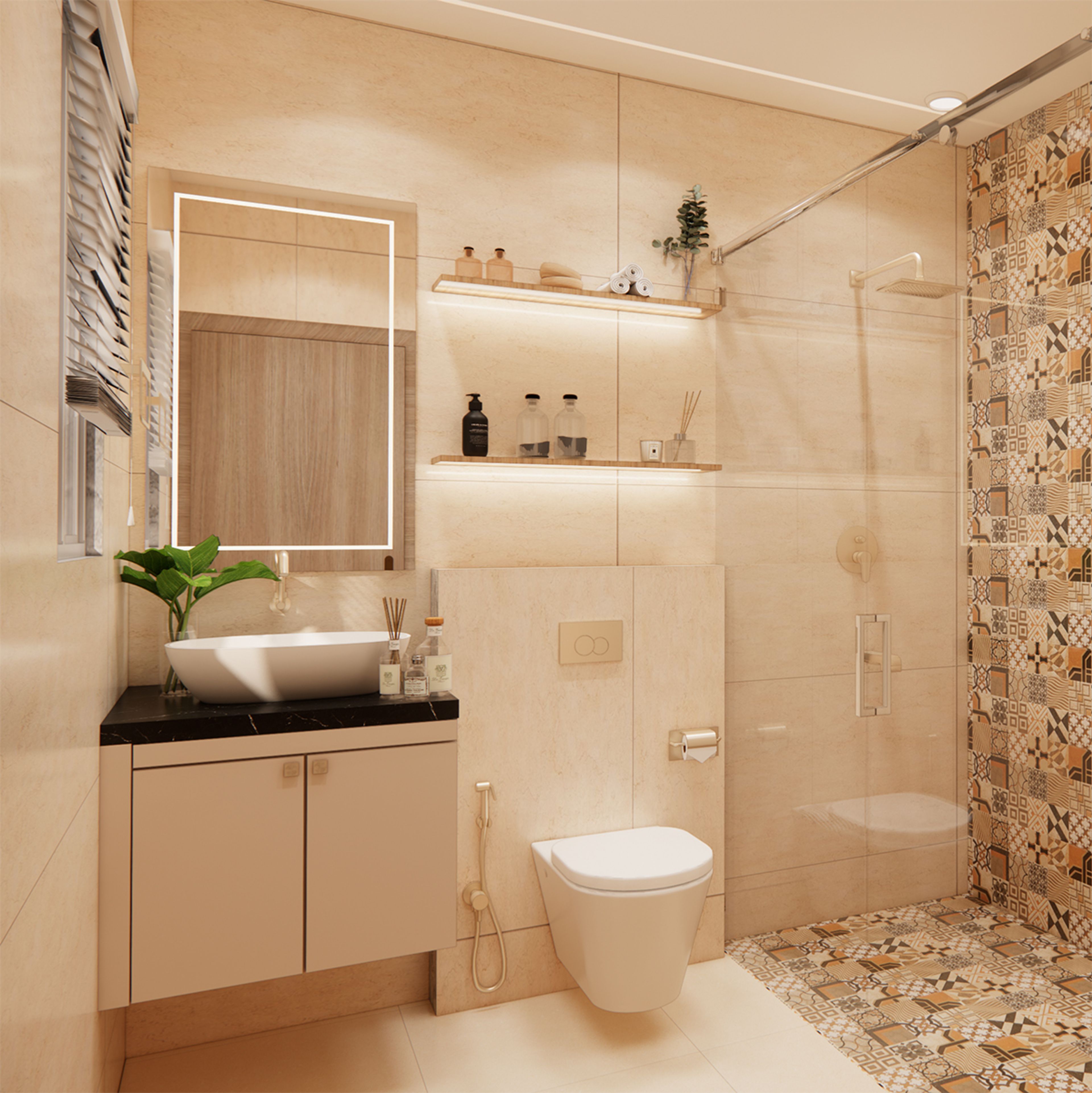 Bathroom Design with Terracotta Mosaic Shower and LED Shelves