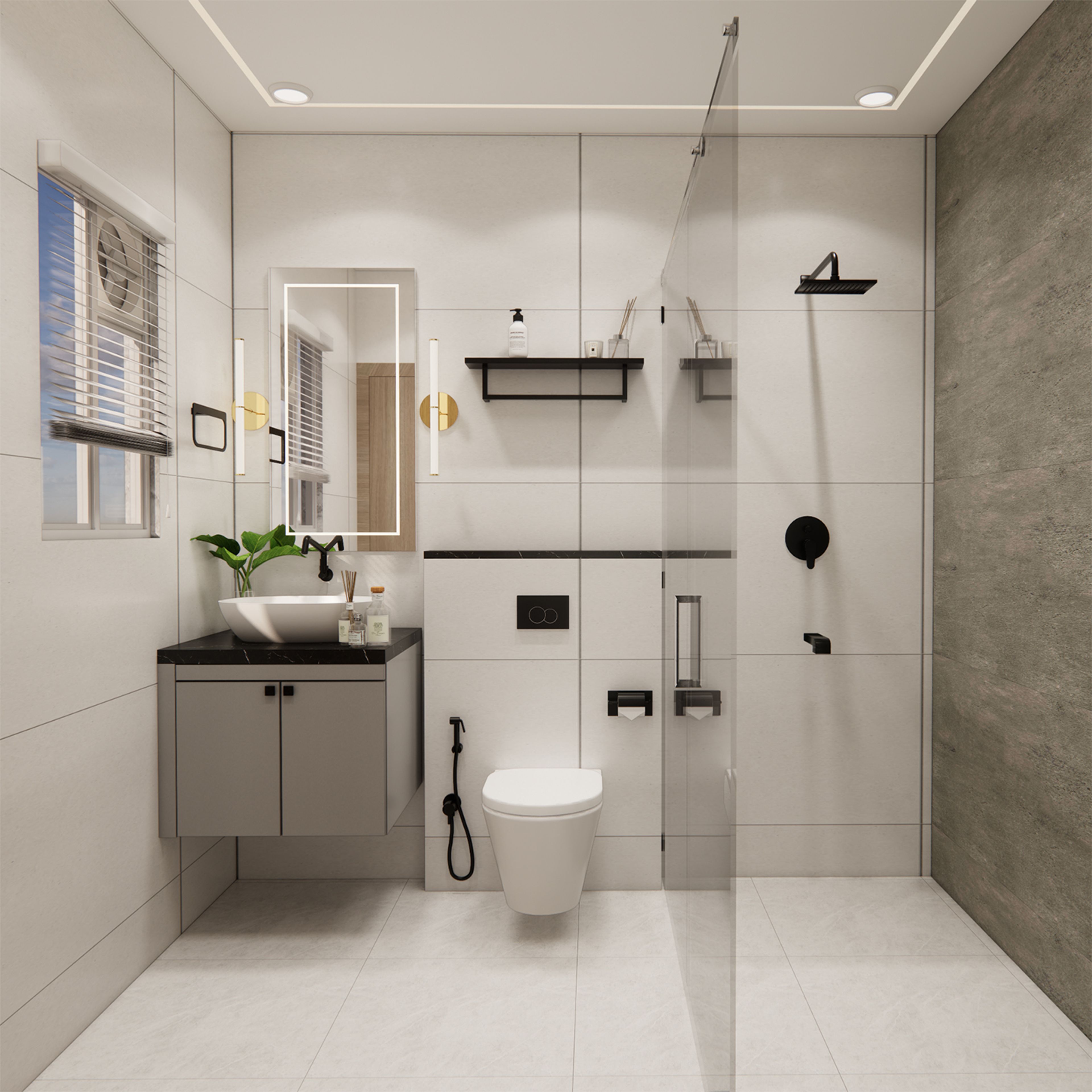 Bathroom Design with Textured Concrete Wall and Gold Sconces