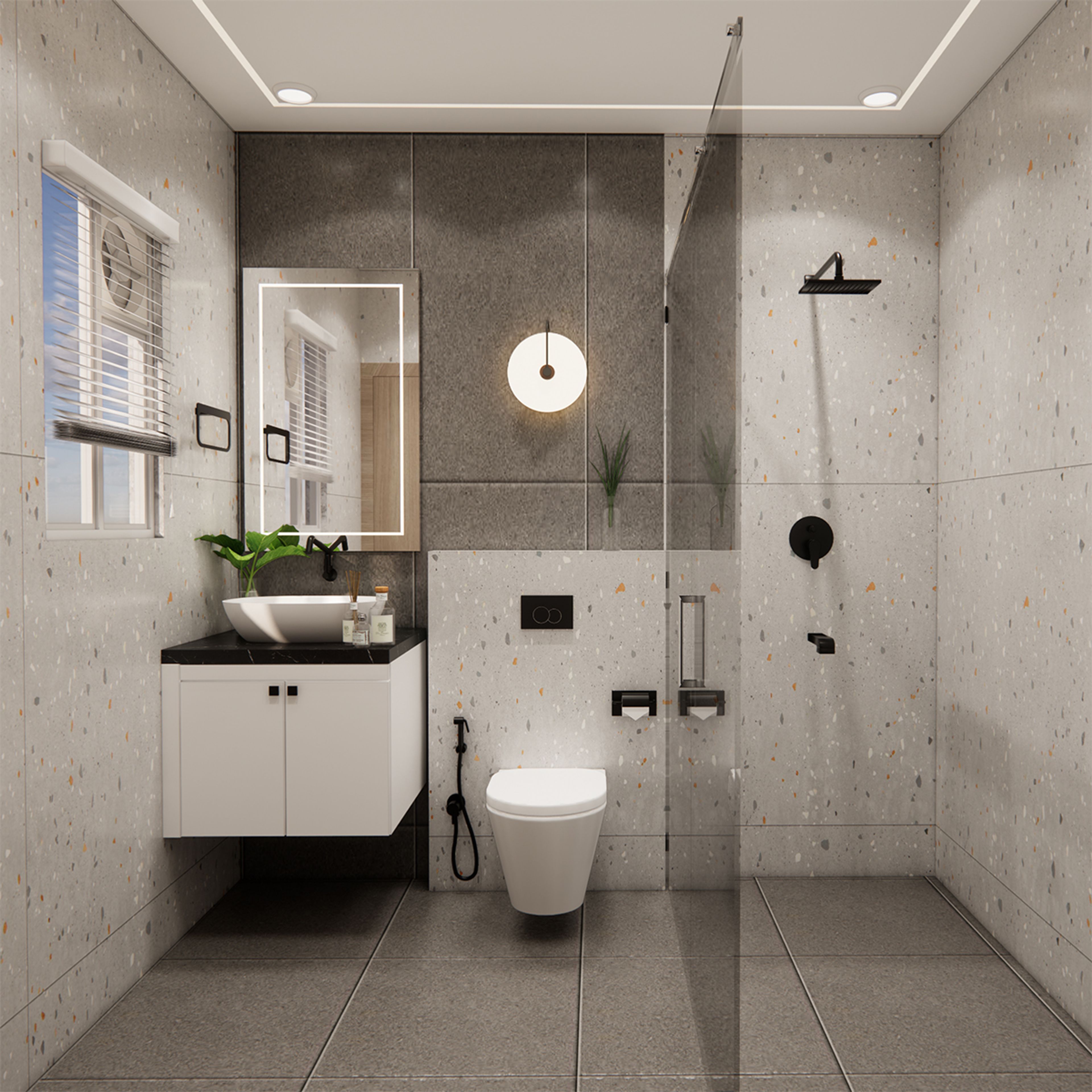 Terrazzo Bathroom Design with Dark Gray Illuminated Feature Wall