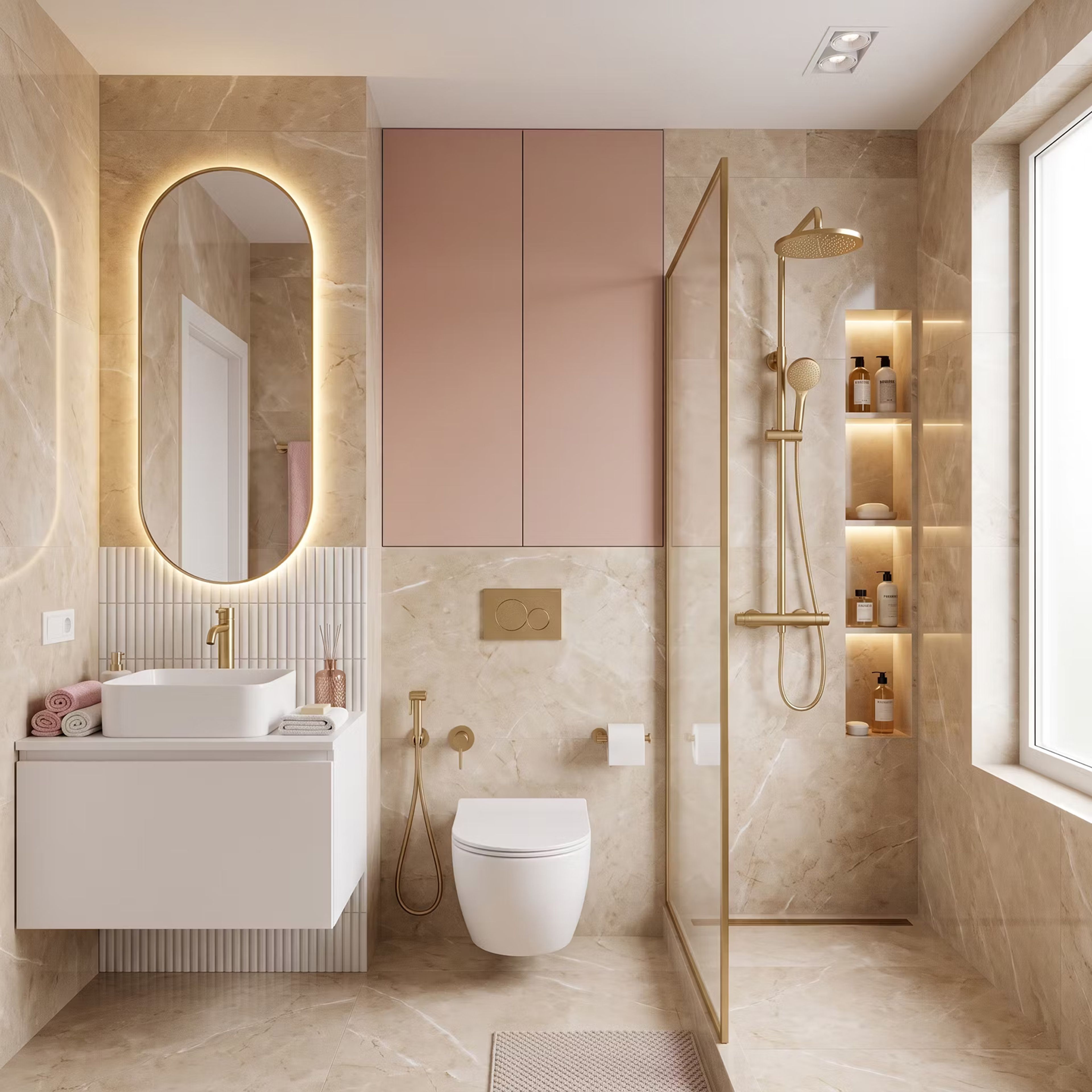 Bathroom Design with Pink Accent Wall and Gold Fixtures