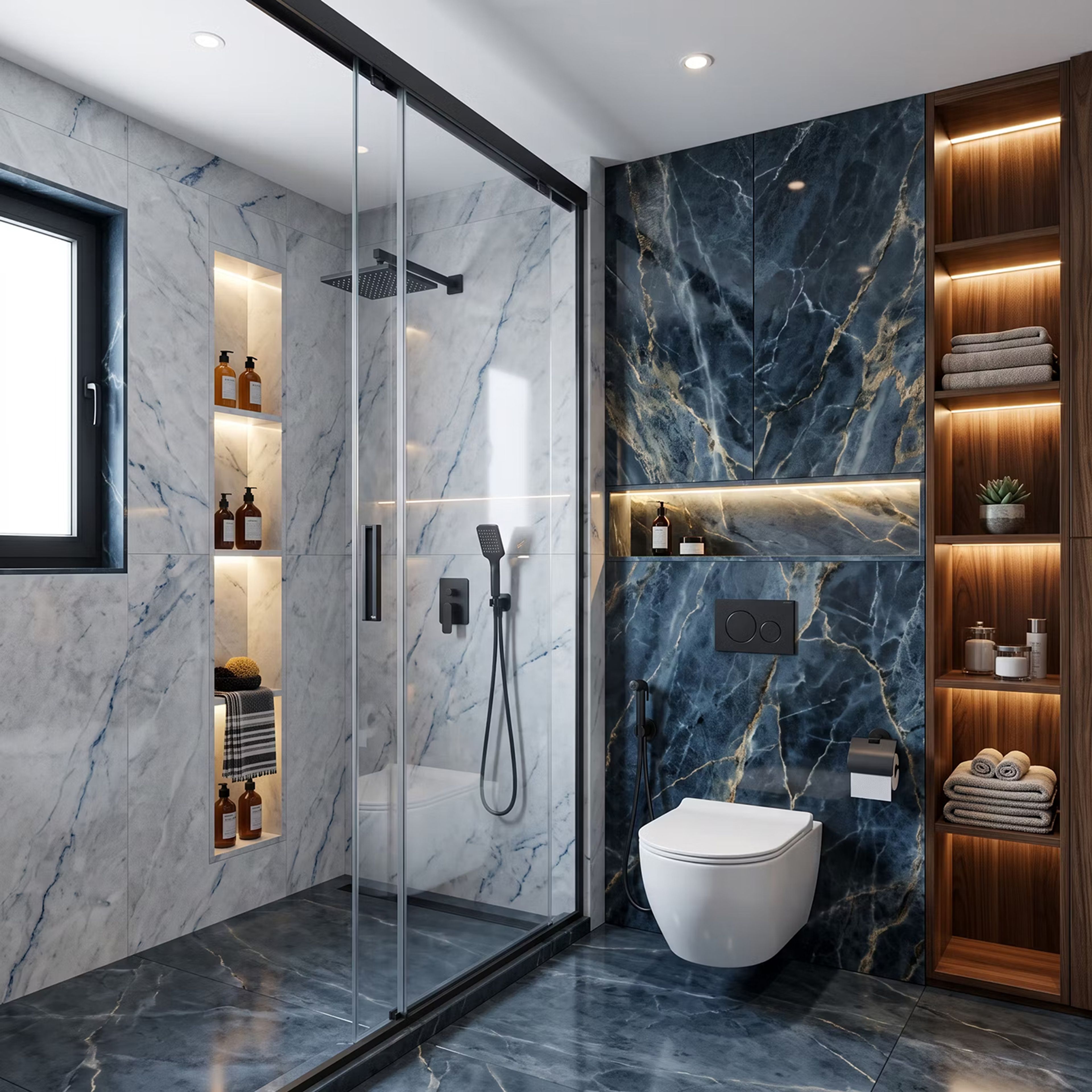 Ocean Blue Bathroom Design with Illuminated Wooden Shelving Unit