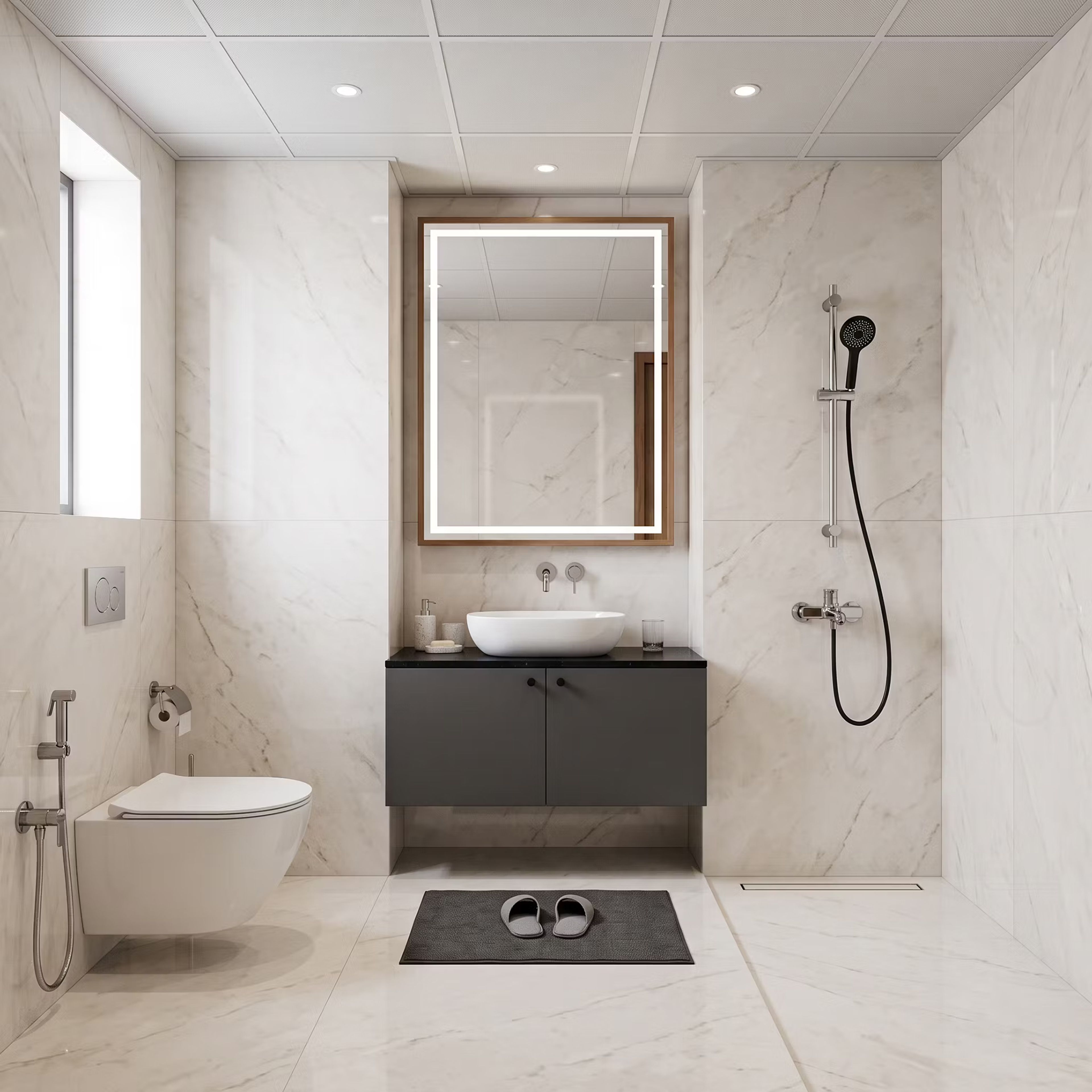Off White Bathroom Design with Wooden Frame Lighted Mirror