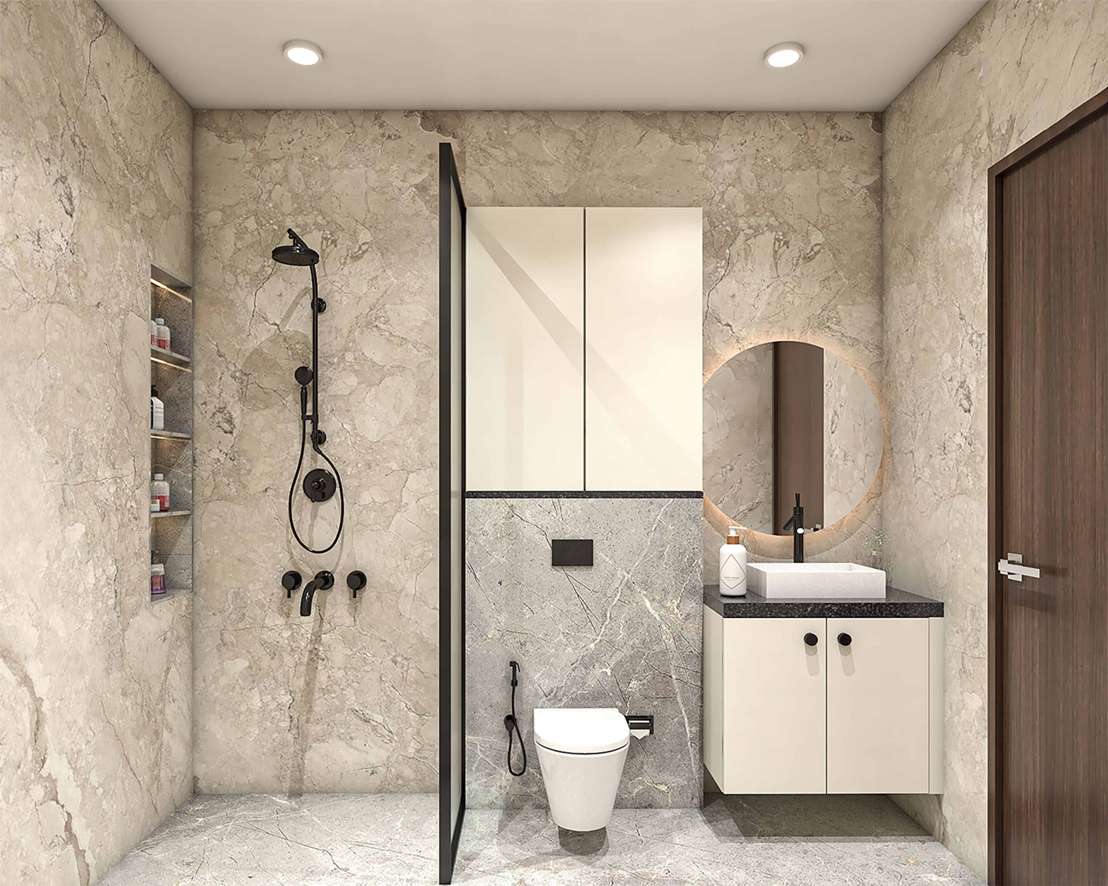 Contemporary Bathroom Design with Granite Vanity and Round Mirror