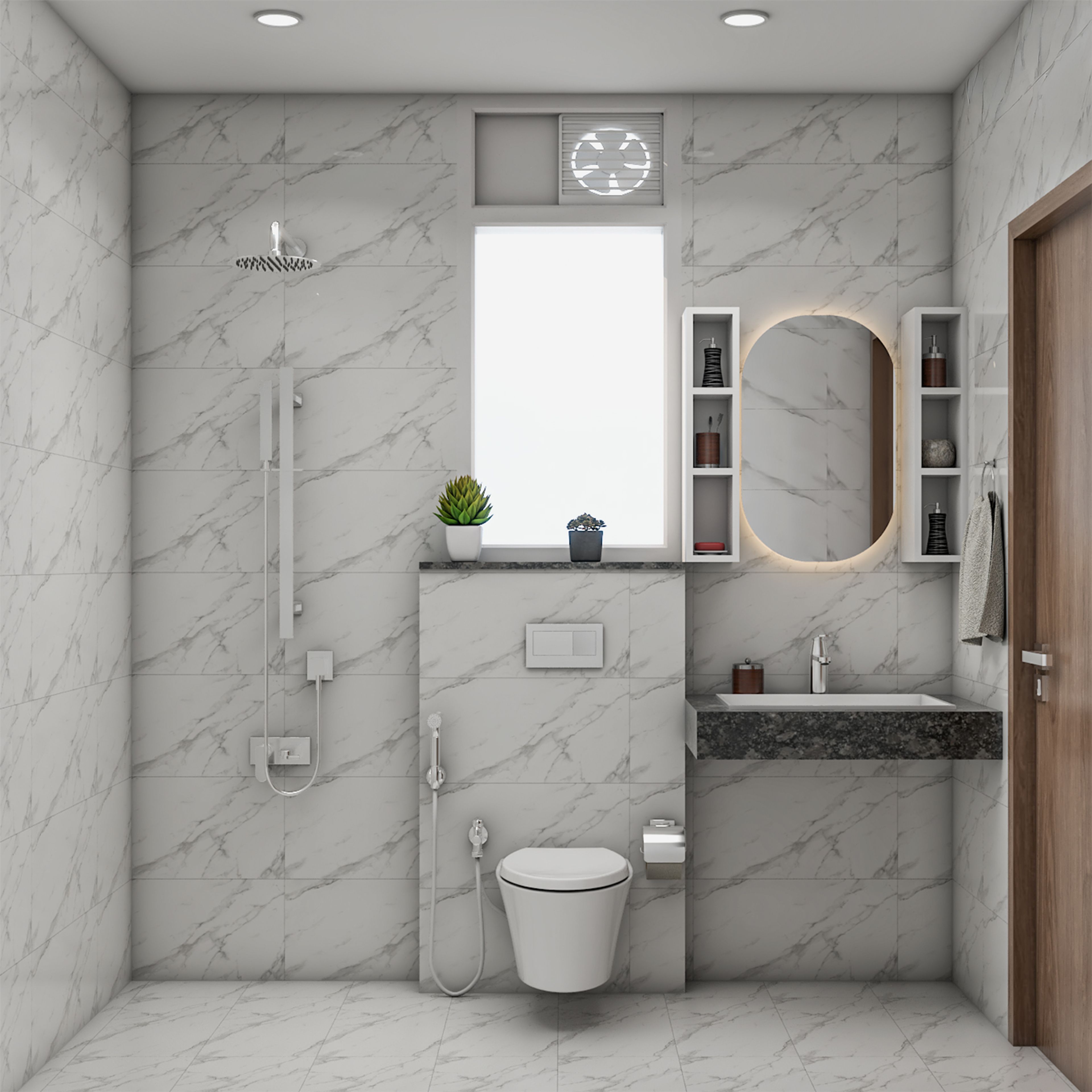 Modern Bathroom Design with White Marble Tiles and Backlit Mirror