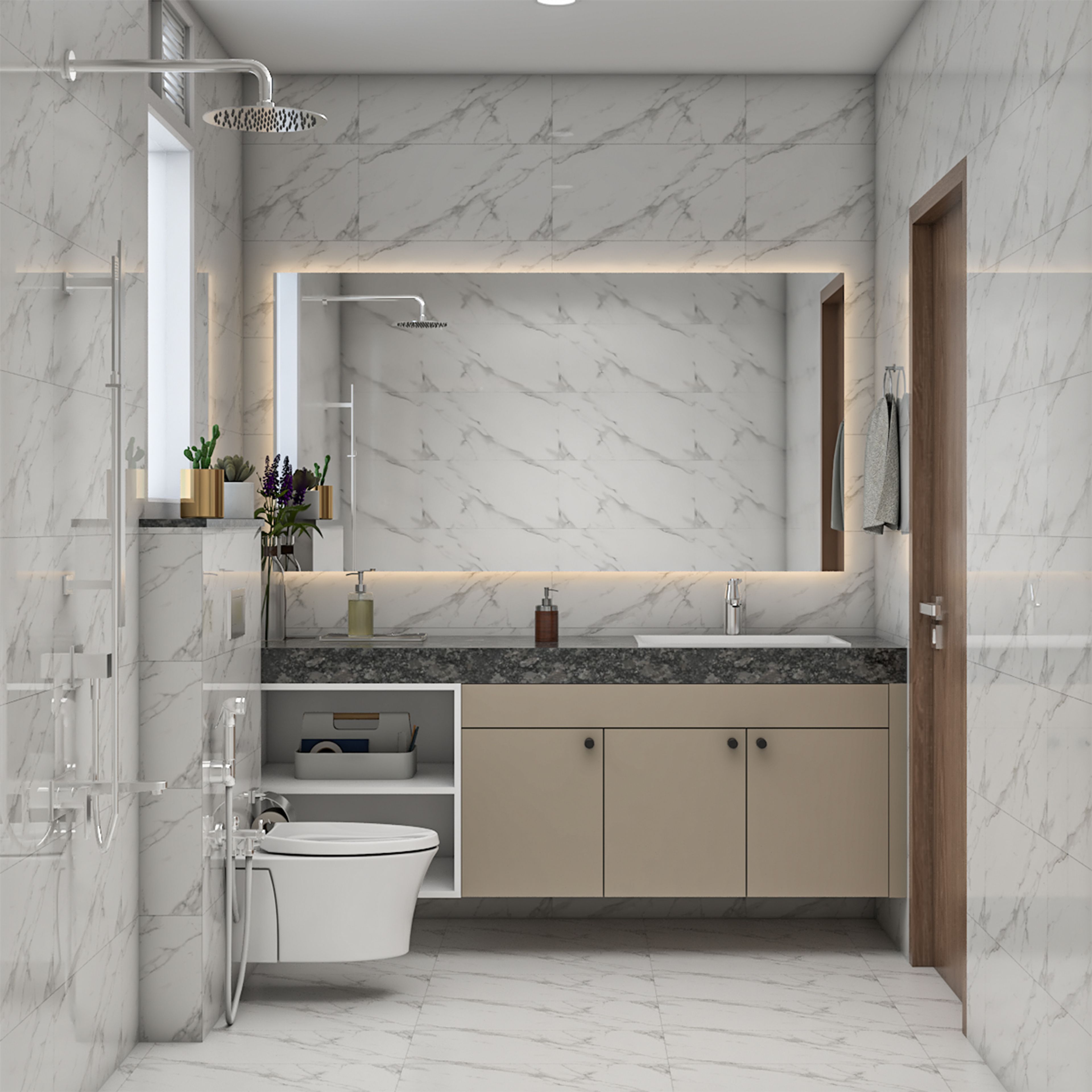 Modern Bathroom Design with White Marble Tiles and Wide Backlit Mirror