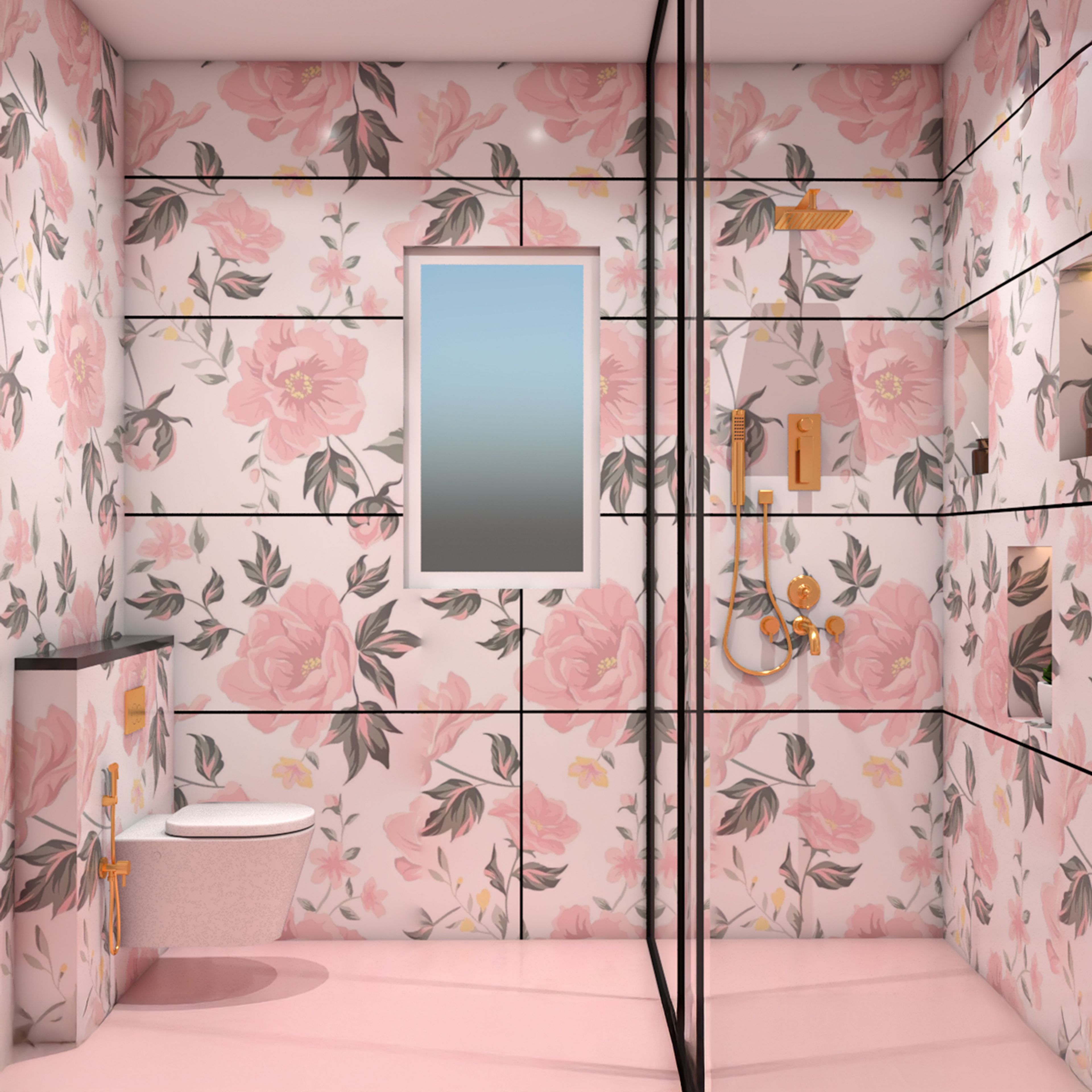 Eclectic Bathroom Design with Blush Pink Floral Tiles and Gold Fixtures