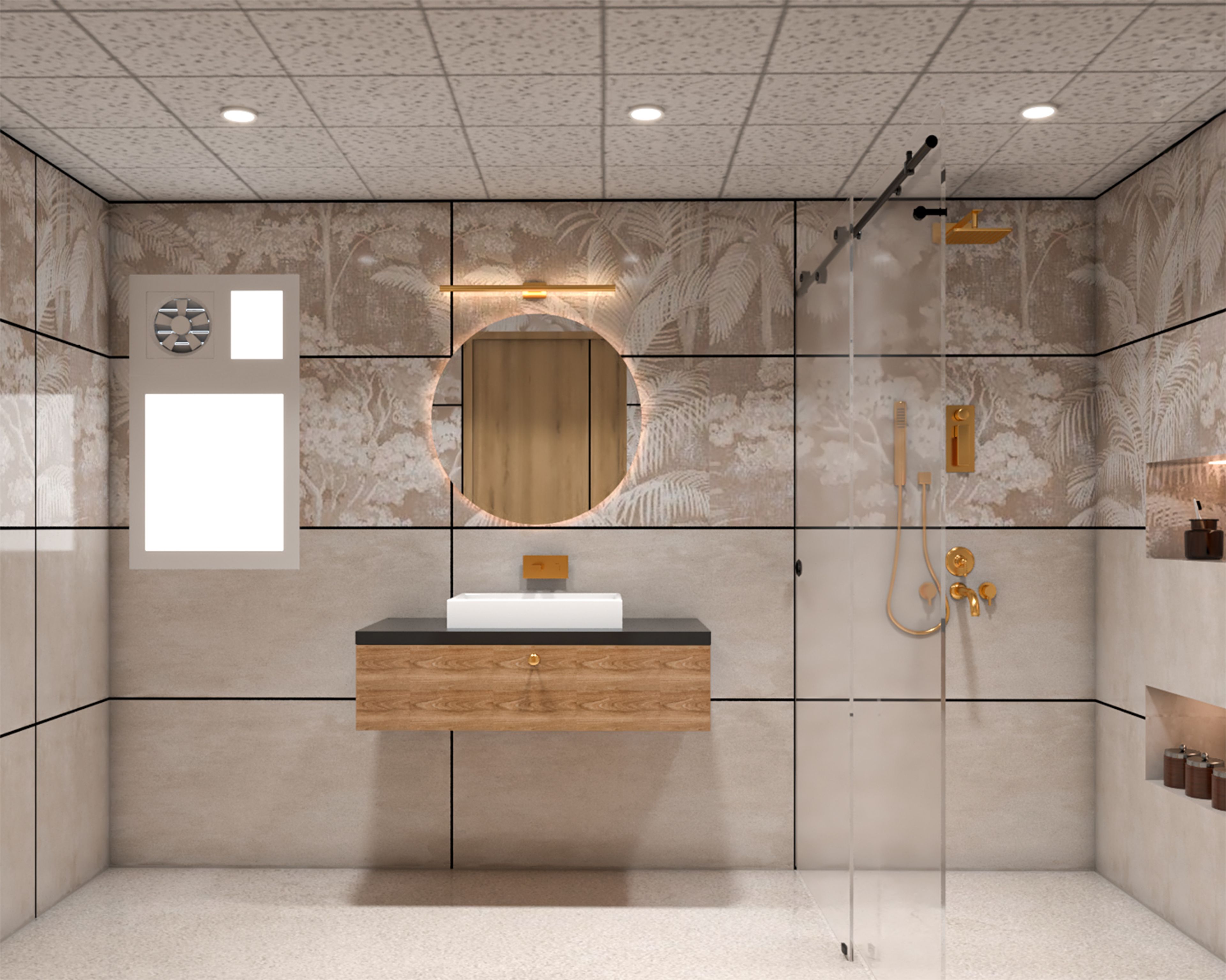 Tropical Bathroom Design with Taupe Palm Mural and Gold Fixtures