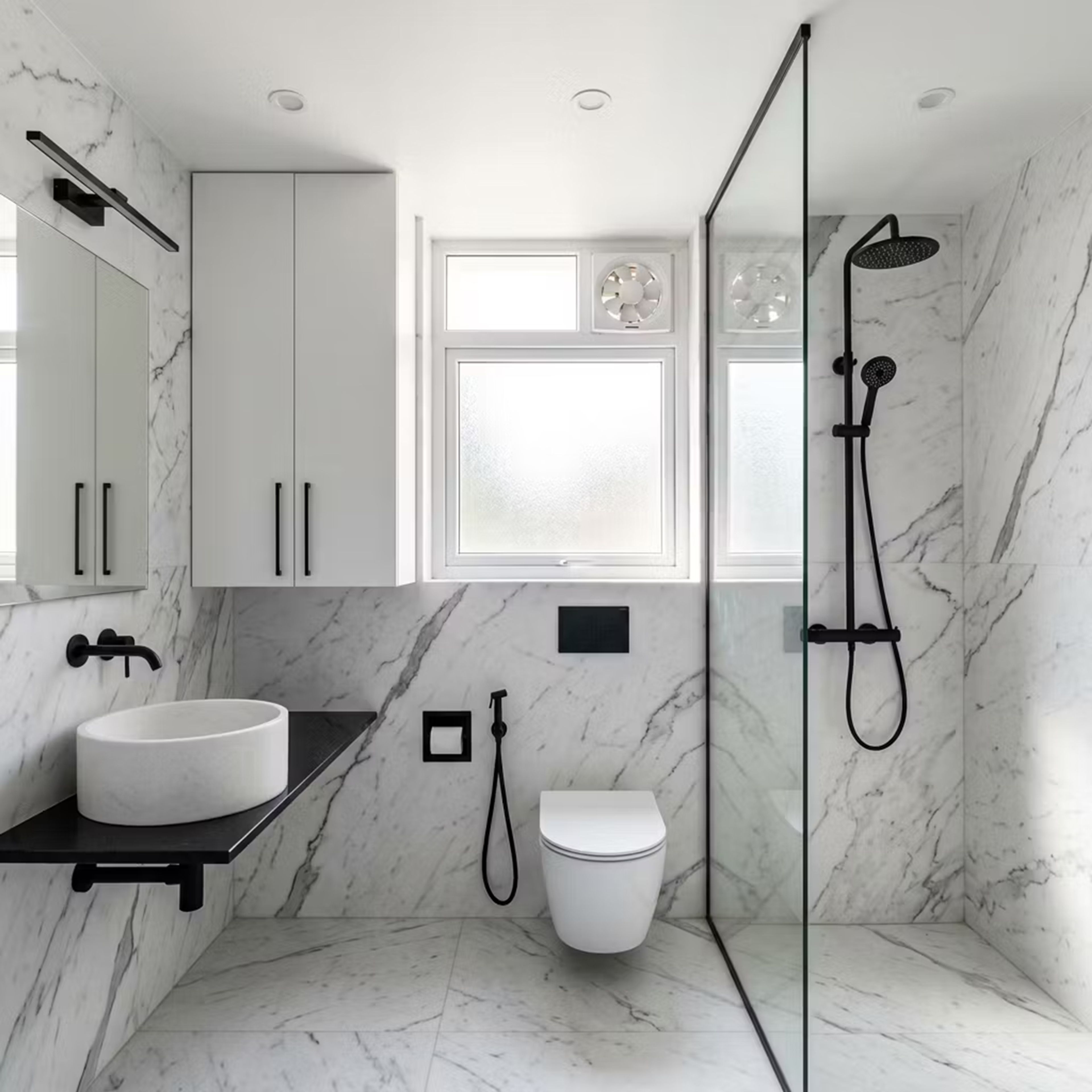 Bathroom Design with White Marble Tiles and Black Fixtures