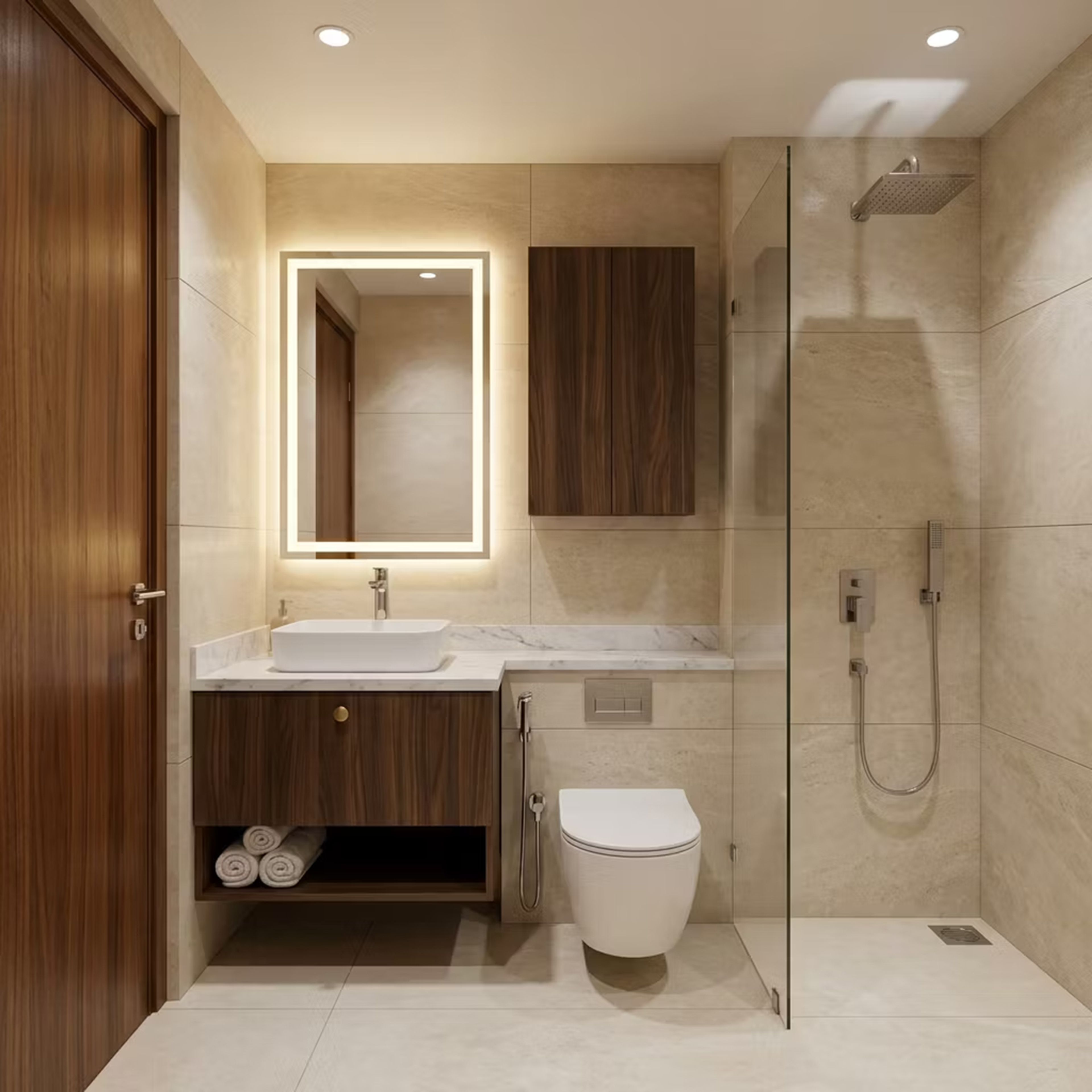 Bathroom Design with Cream Travertine Tiles and Backlit Mirror