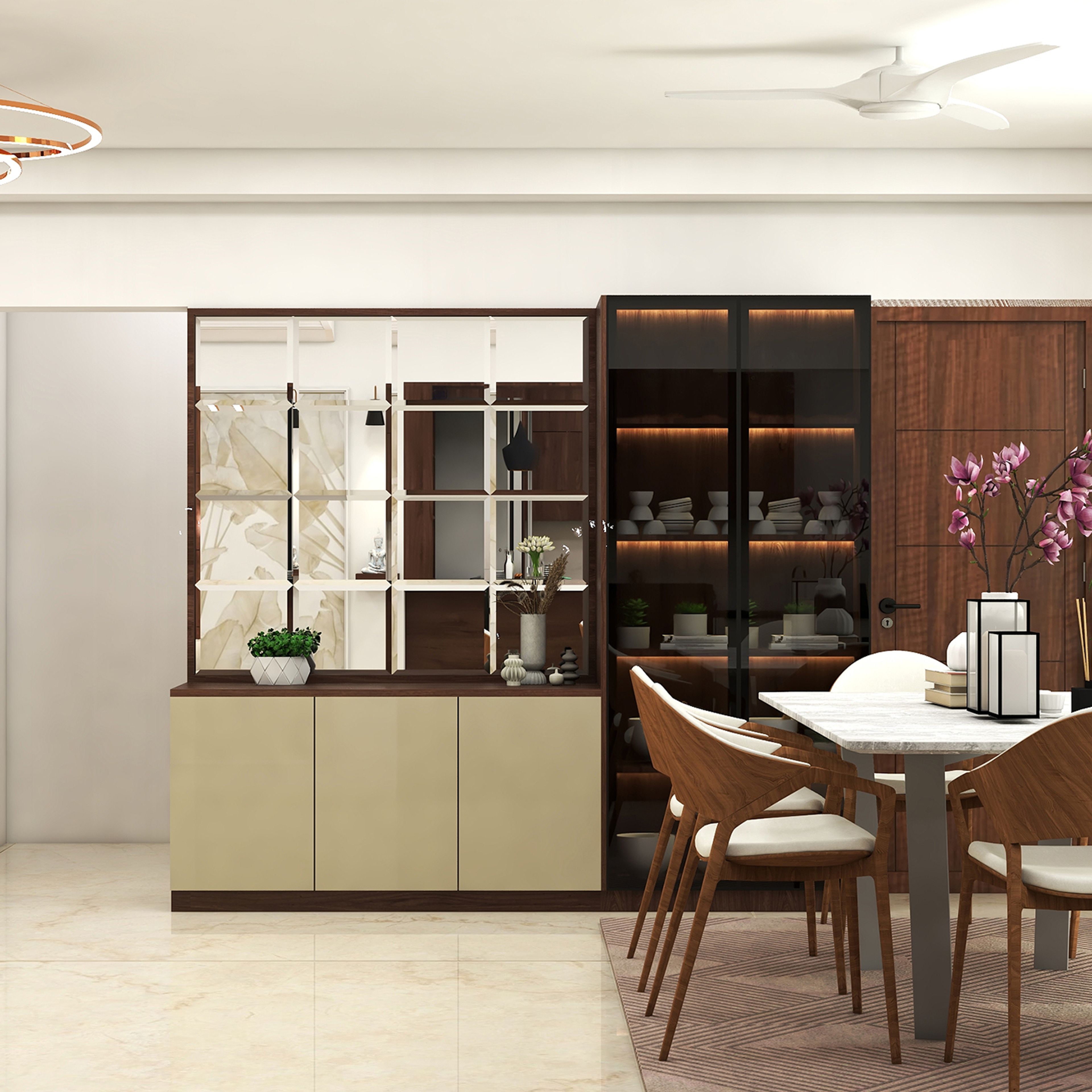 Contemporary Matt Finish Crockery Unit Design with Glass Cabinet