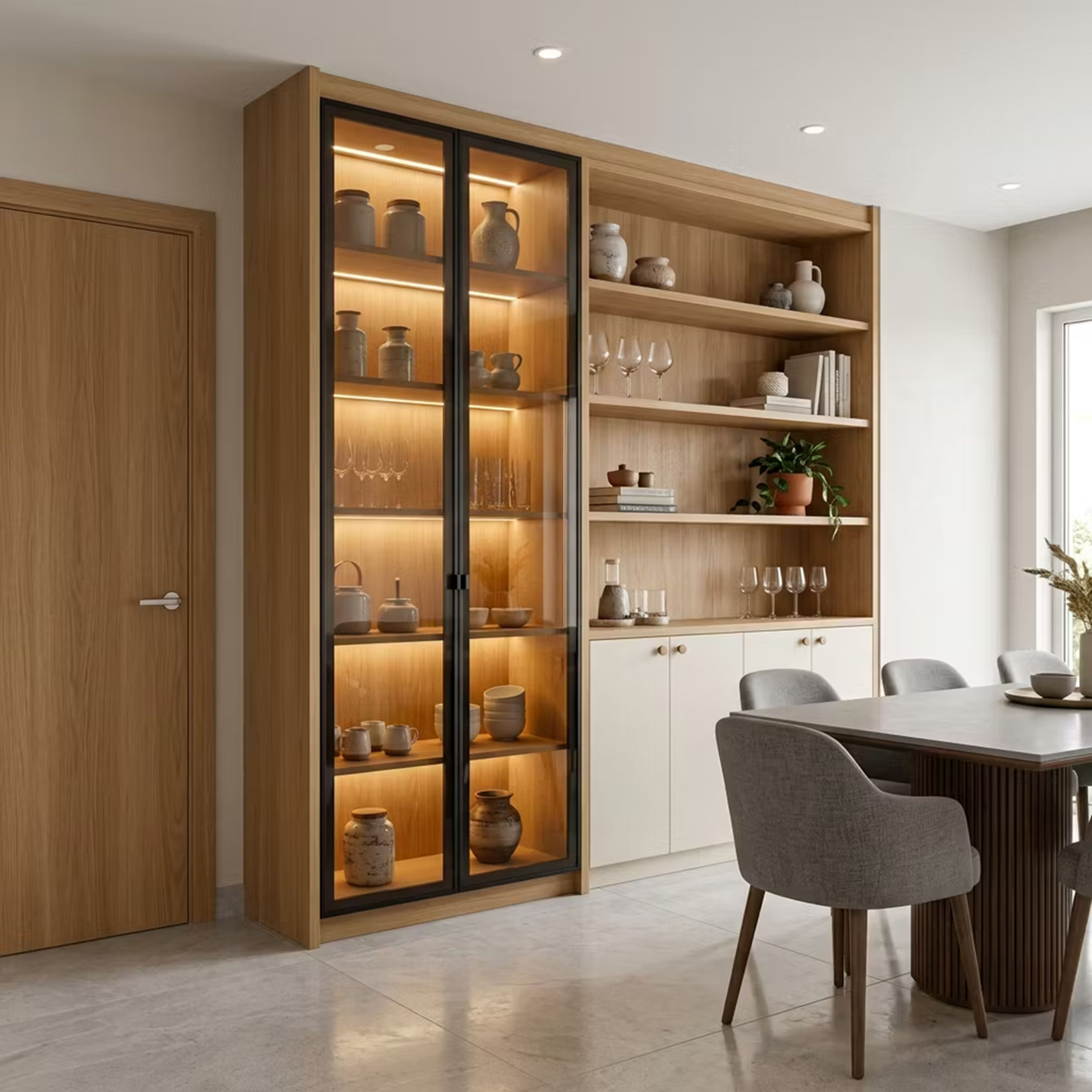 Contemporary Crockery Unit Design with Open Wooden Shelving Display
